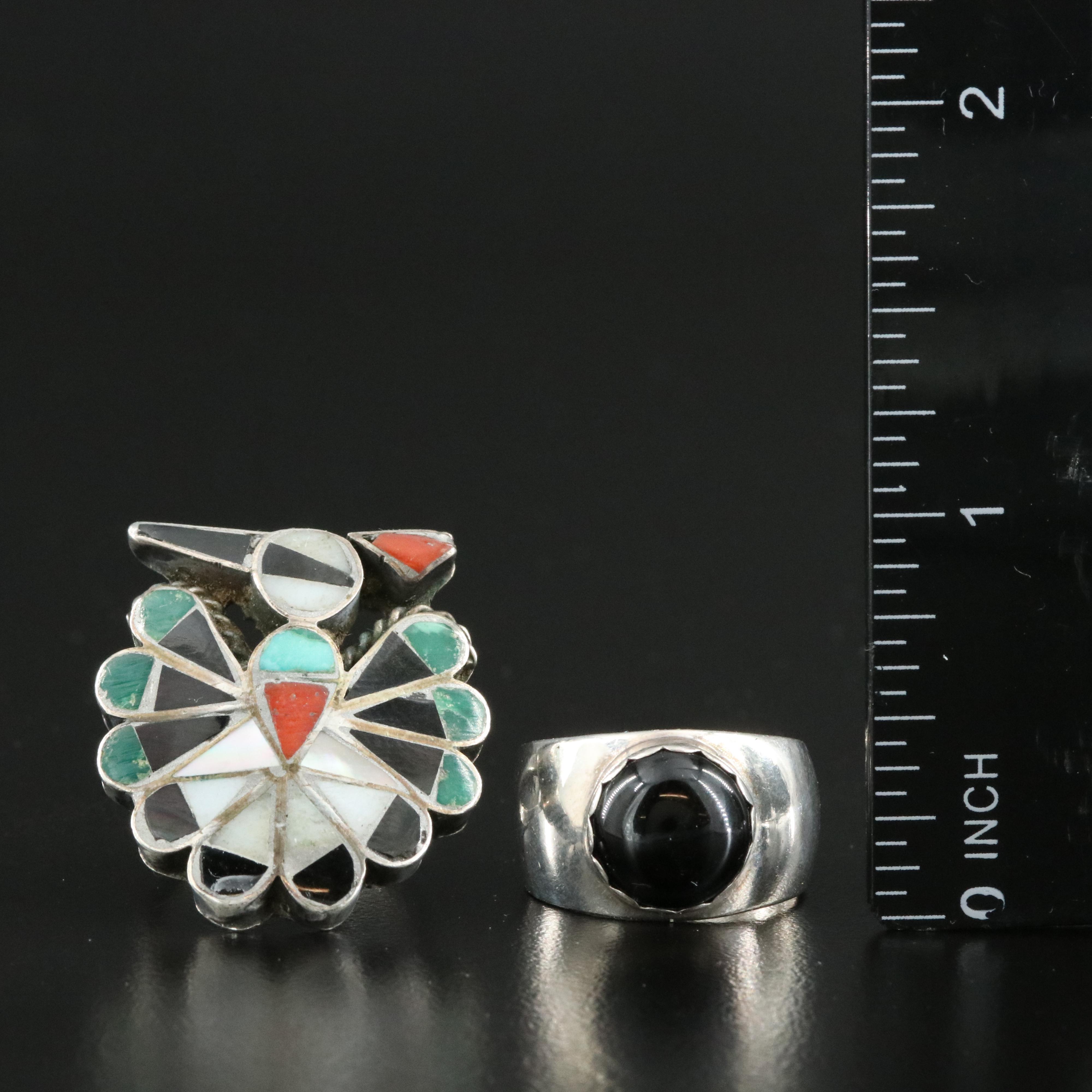 Southwestern Sterling Inlay Thunderbird Ring and Black Onyx Band