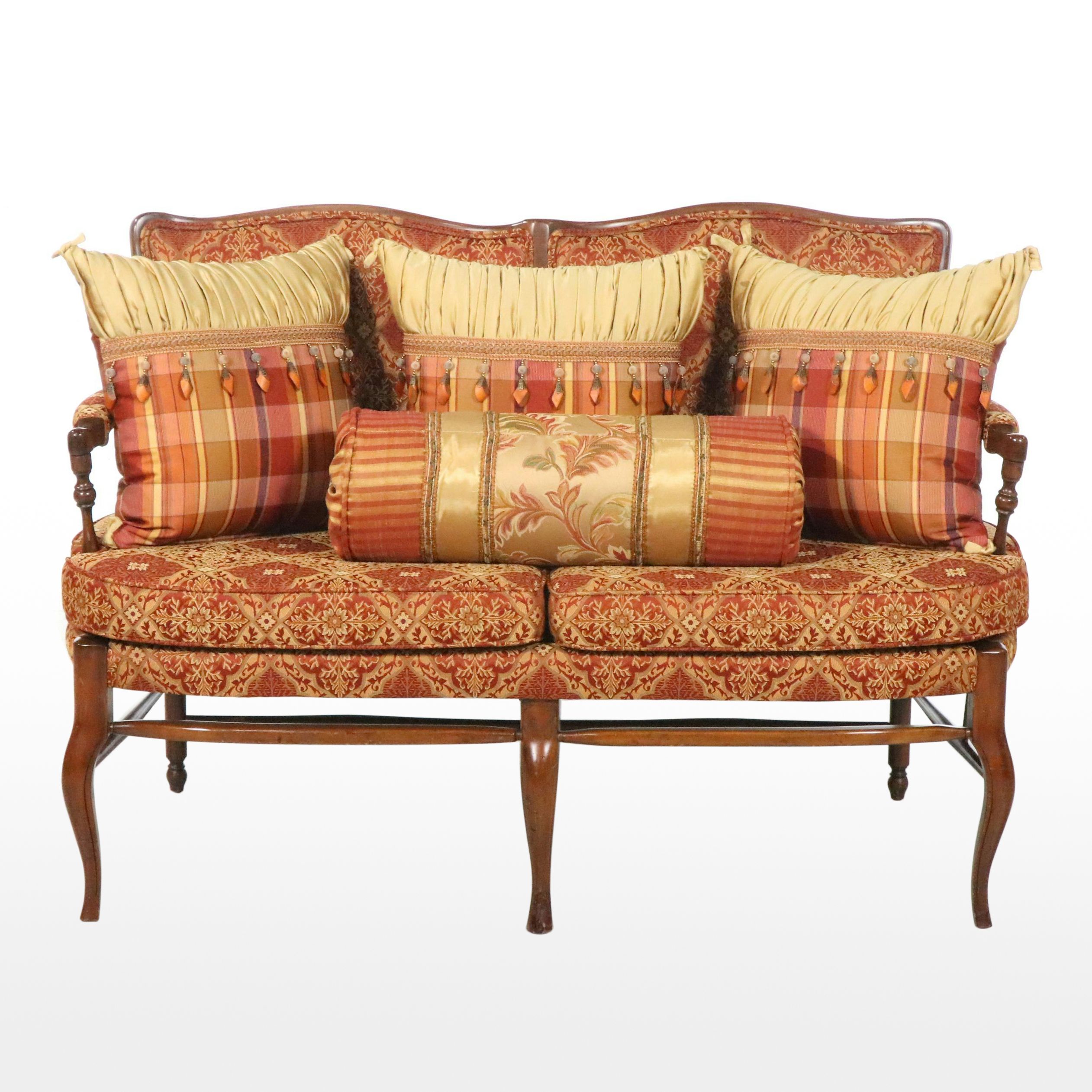 French Country Style Bench with Upholstered Back and Seat