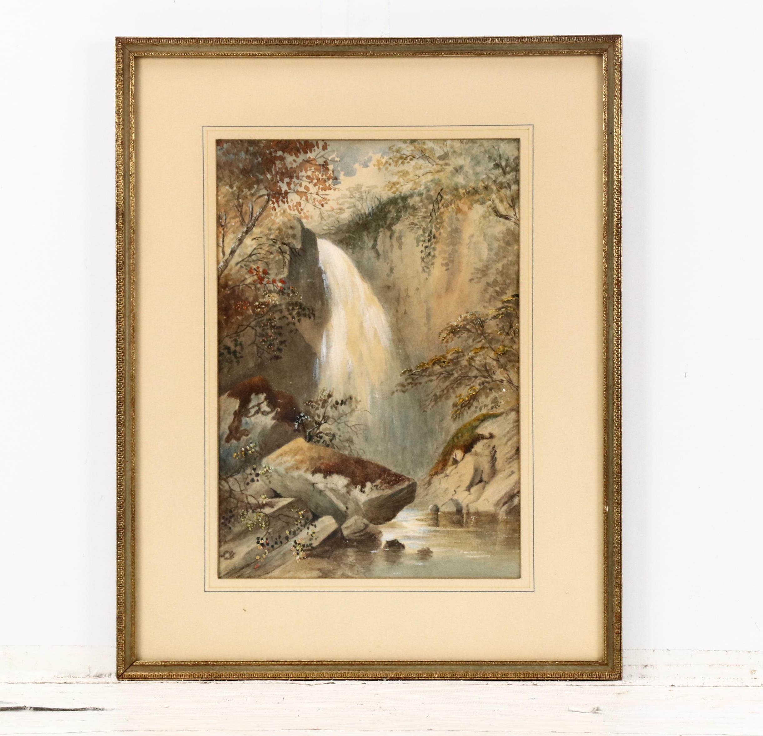 Autumnal Landscape Watercolor Painting of Waterfall Scene and More