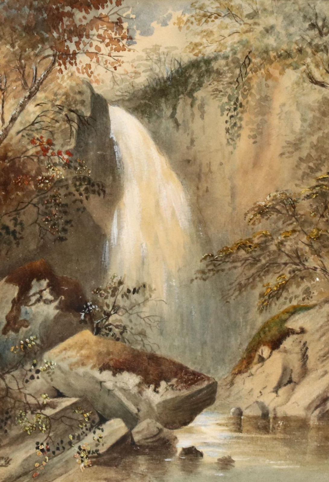 Autumnal Landscape Watercolor Painting of Waterfall Scene and More