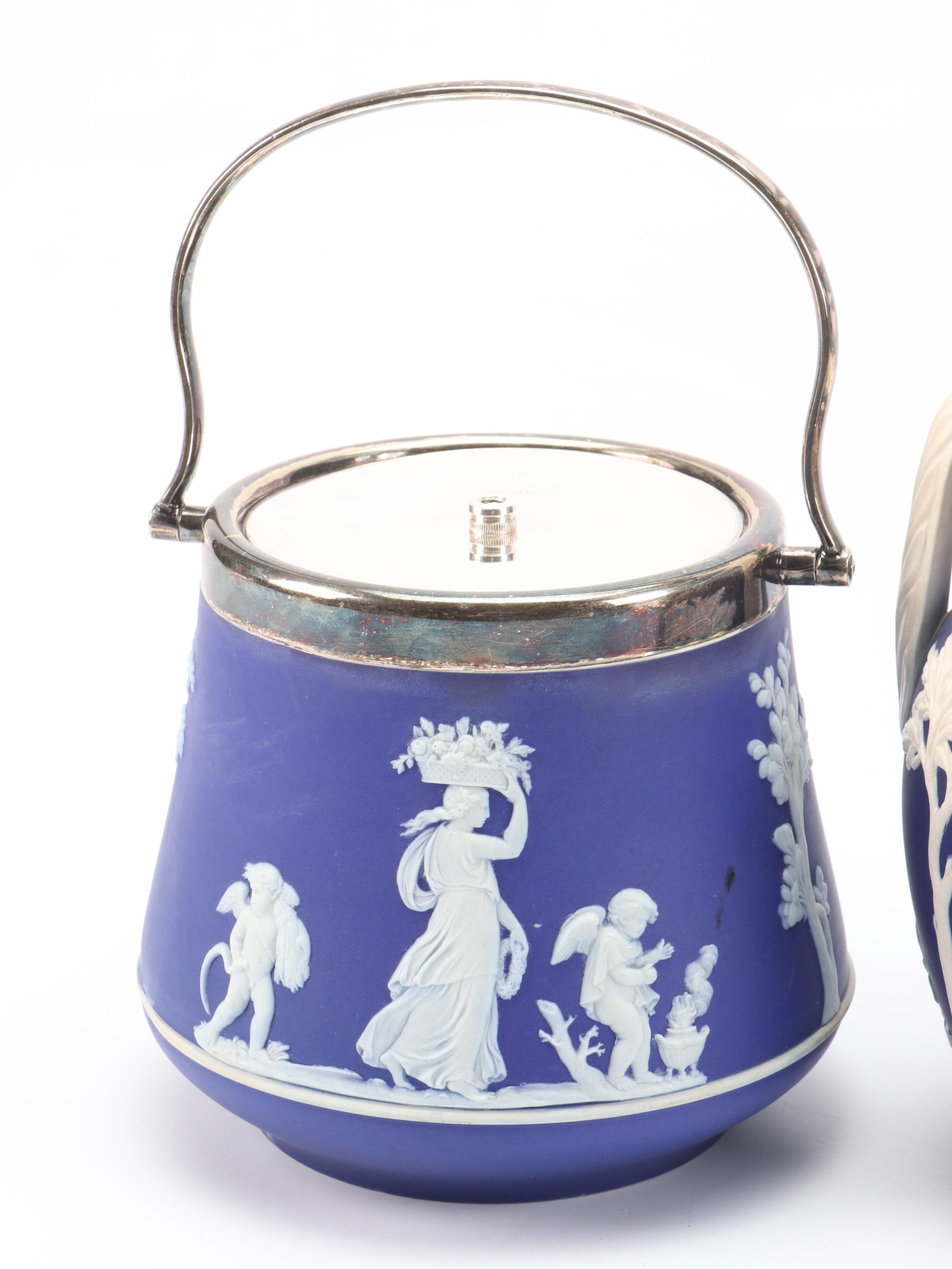 English Sprig Decorated Jasperware Style Biscuit Barrel and Vase