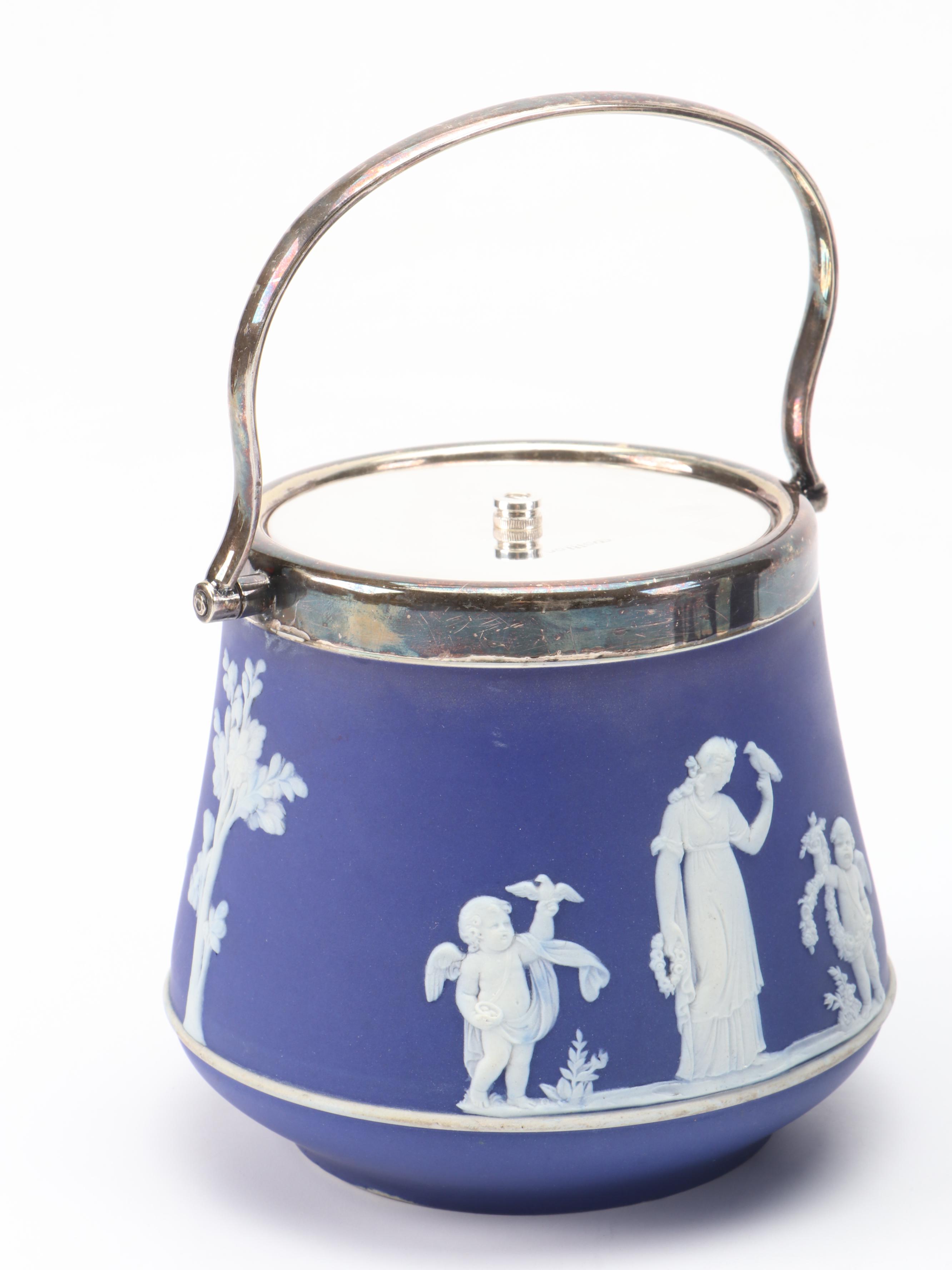 English Sprig Decorated Jasperware Style Biscuit Barrel and Vase