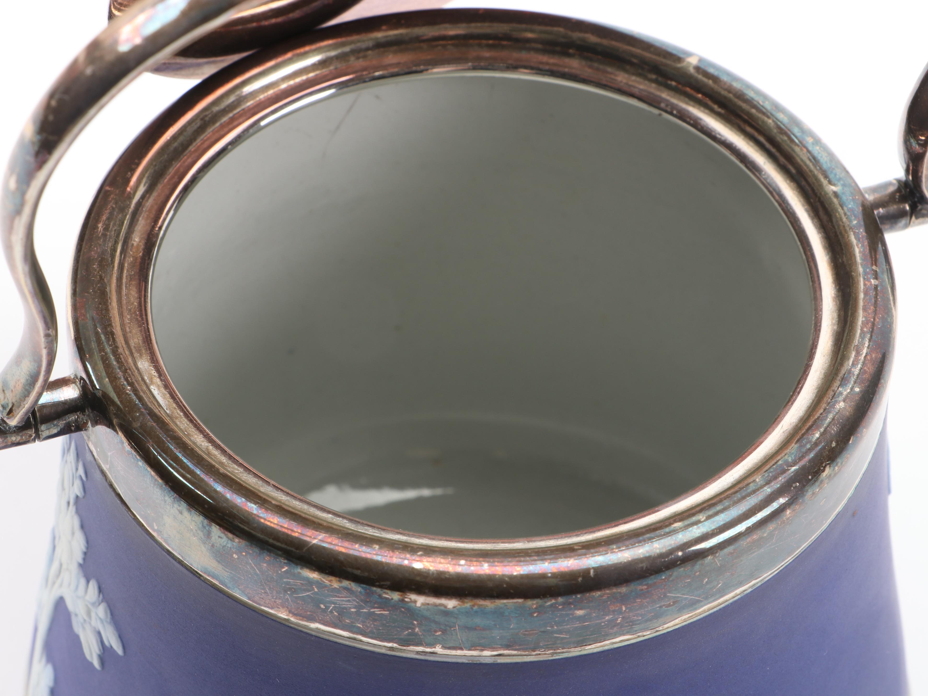 English Sprig Decorated Jasperware Style Biscuit Barrel and Vase