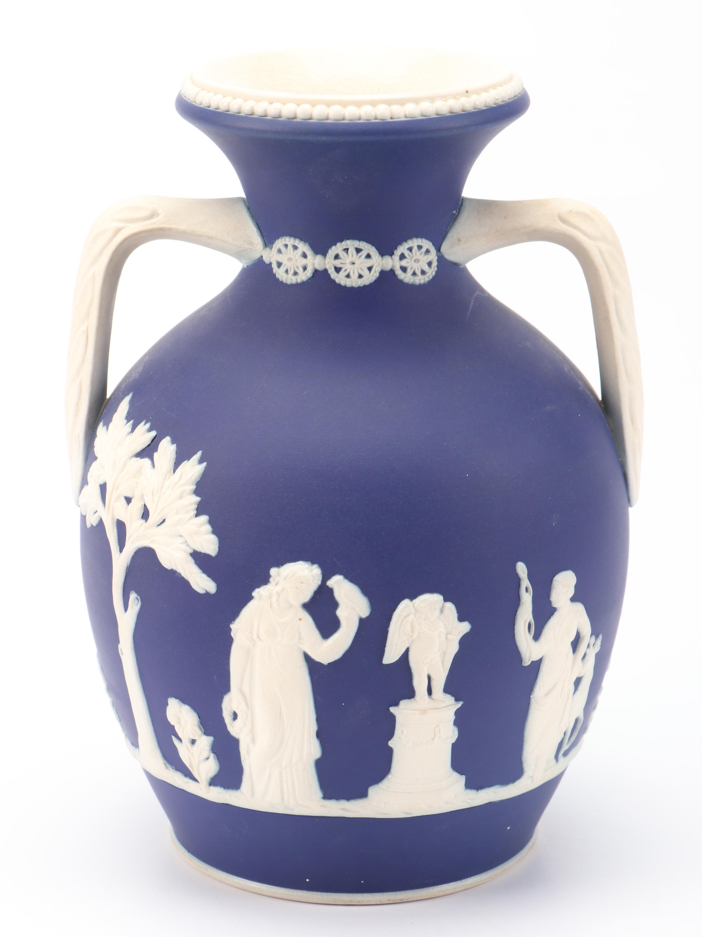 English Sprig Decorated Jasperware Style Biscuit Barrel and Vase