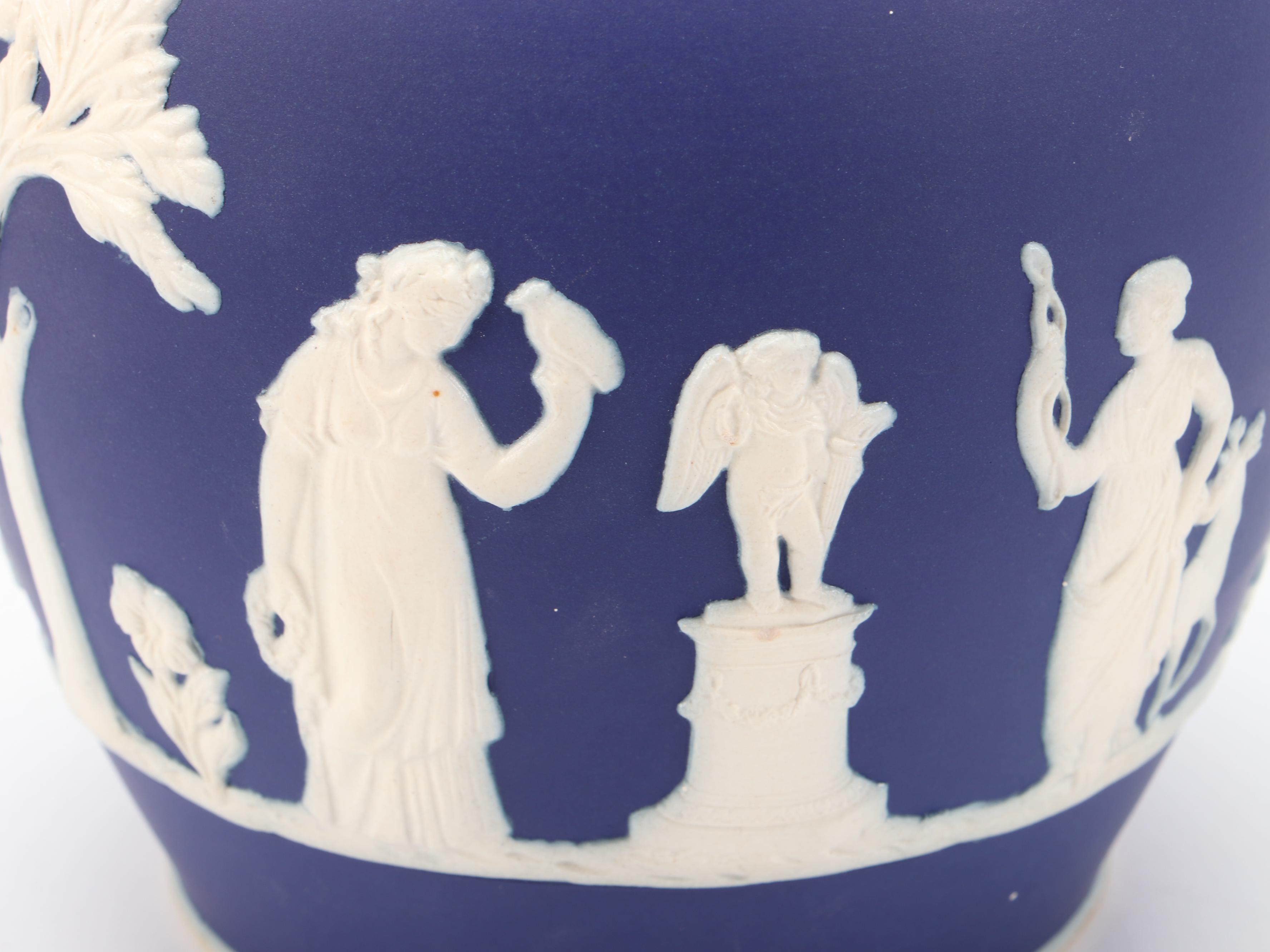 English Sprig Decorated Jasperware Style Biscuit Barrel and Vase