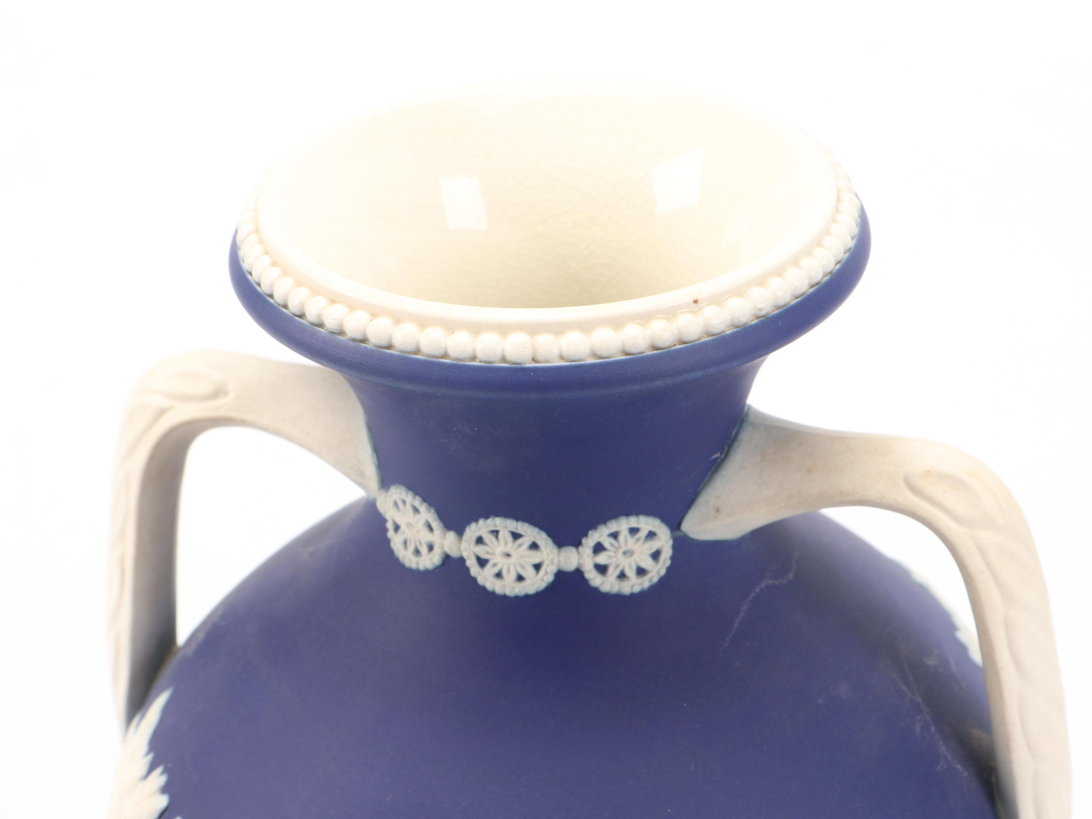 English Sprig Decorated Jasperware Style Biscuit Barrel and Vase