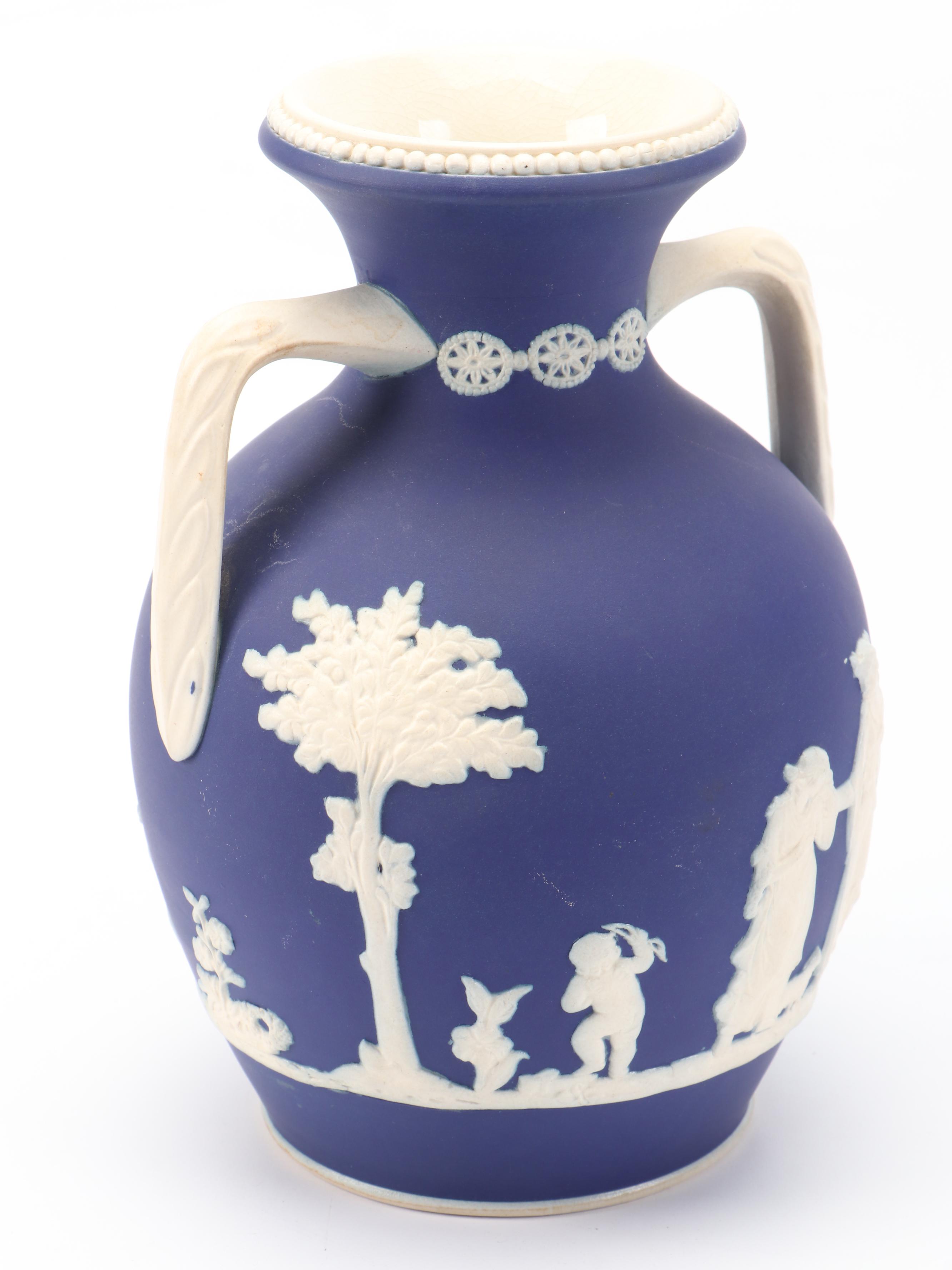 English Sprig Decorated Jasperware Style Biscuit Barrel and Vase