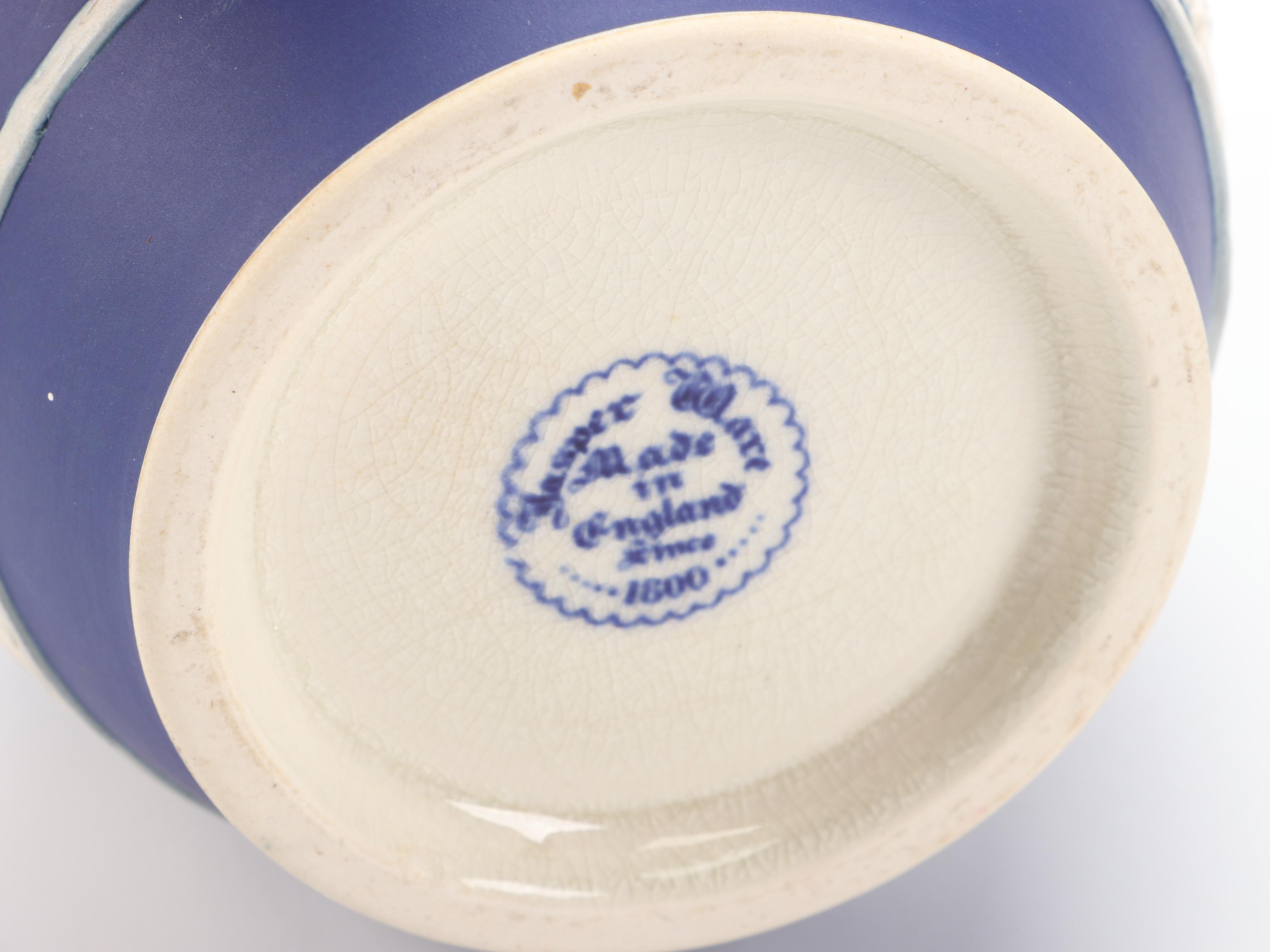 English Sprig Decorated Jasperware Style Biscuit Barrel and Vase