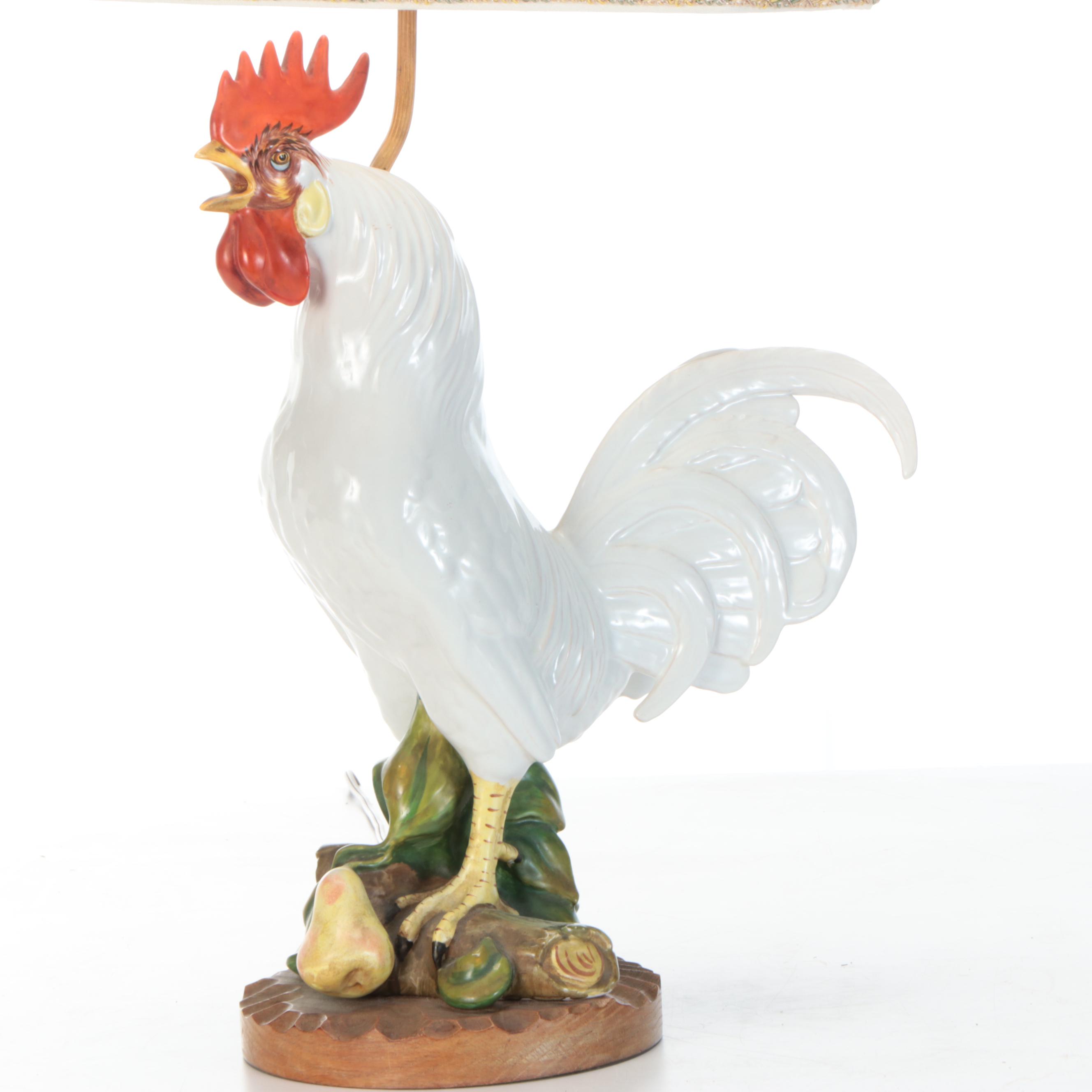 Ceramic Hand-Painted Rooster Table Lamp with Silk Shade