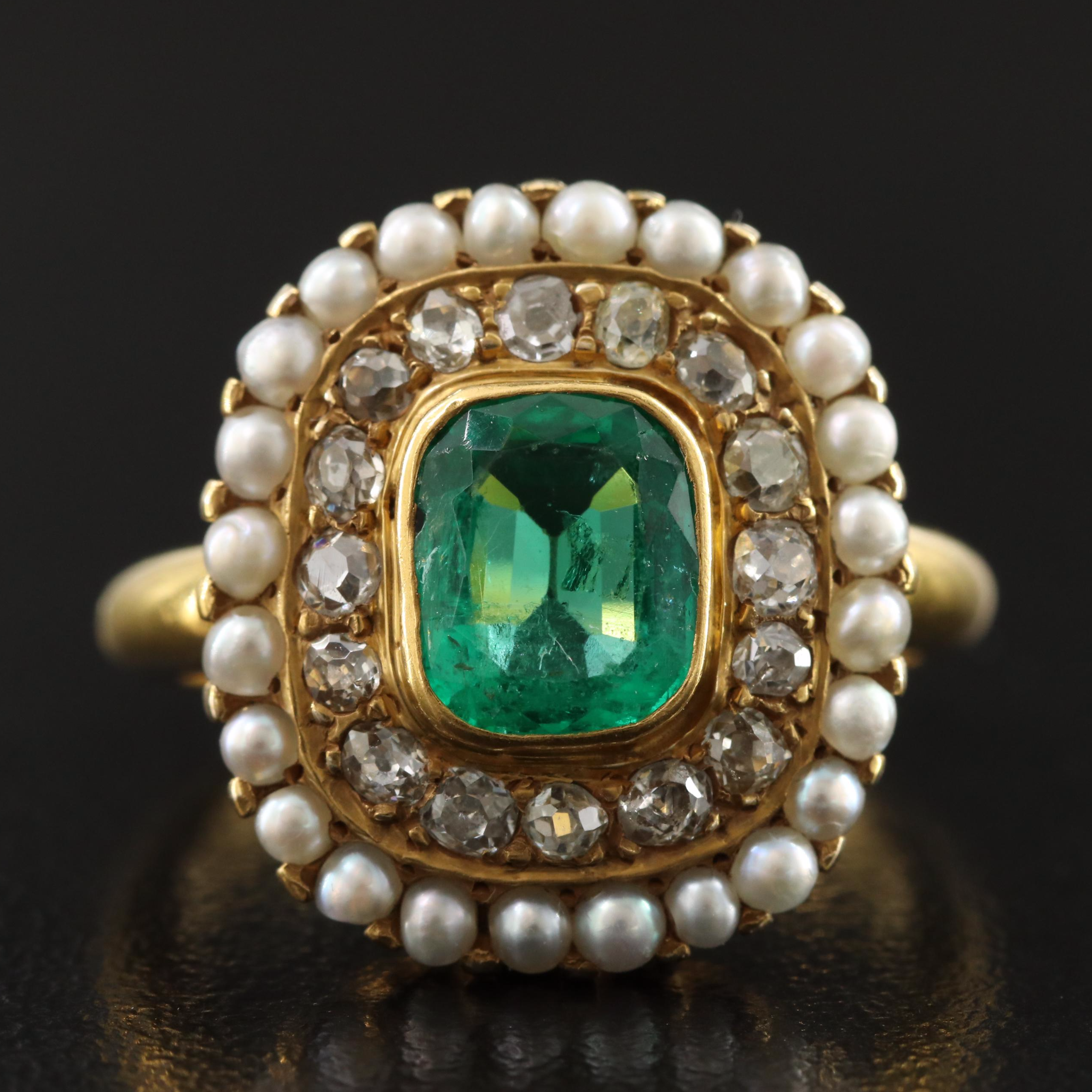 Victorian 14K Columbian Emerald, Diamond & Seed Pearl Ring w/ Online GIA Report