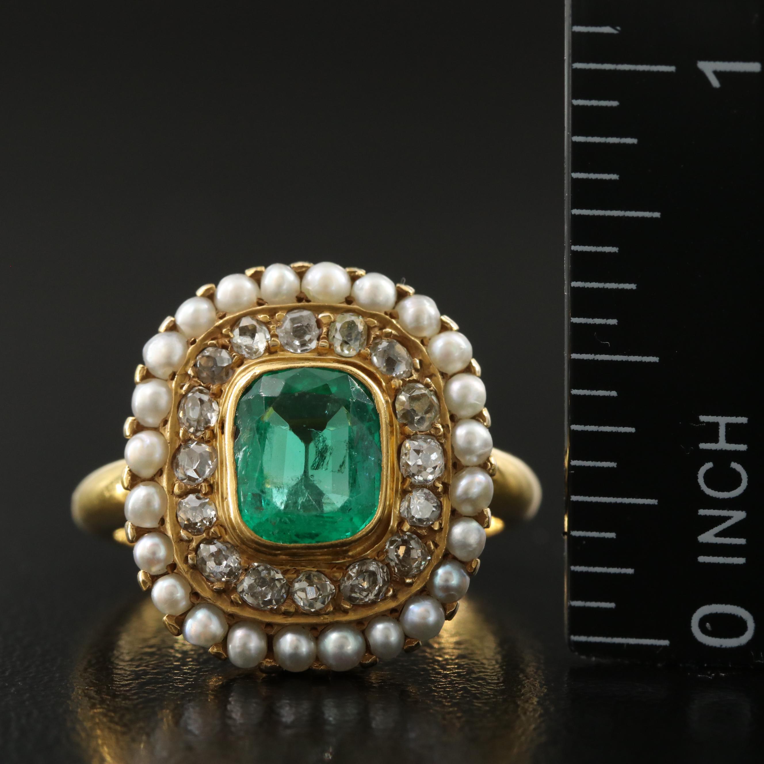 Victorian 14K Columbian Emerald, Diamond & Seed Pearl Ring w/ Online GIA Report