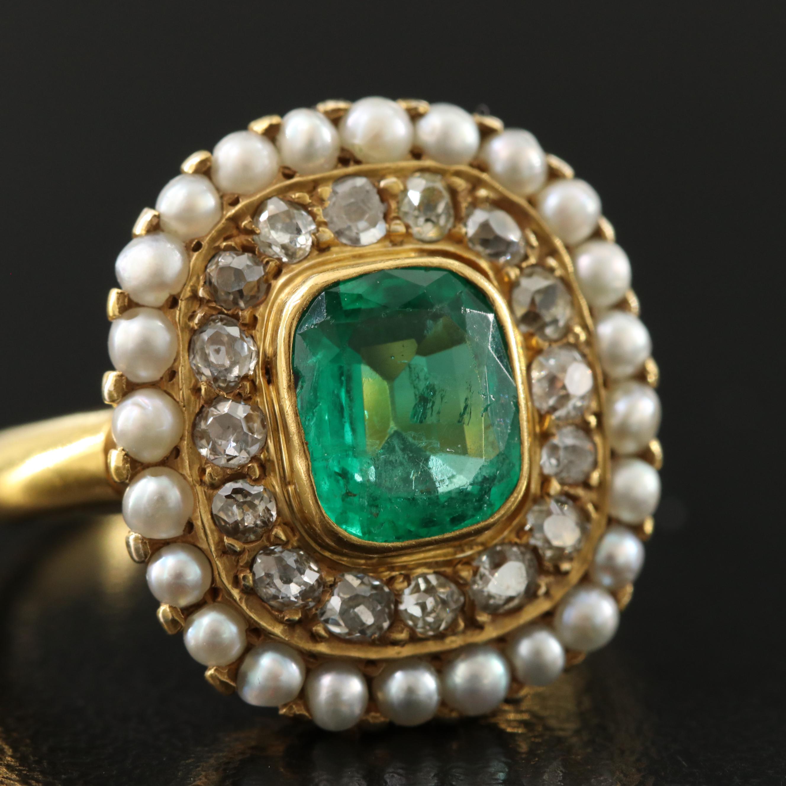 Victorian 14K Columbian Emerald, Diamond & Seed Pearl Ring w/ Online GIA Report