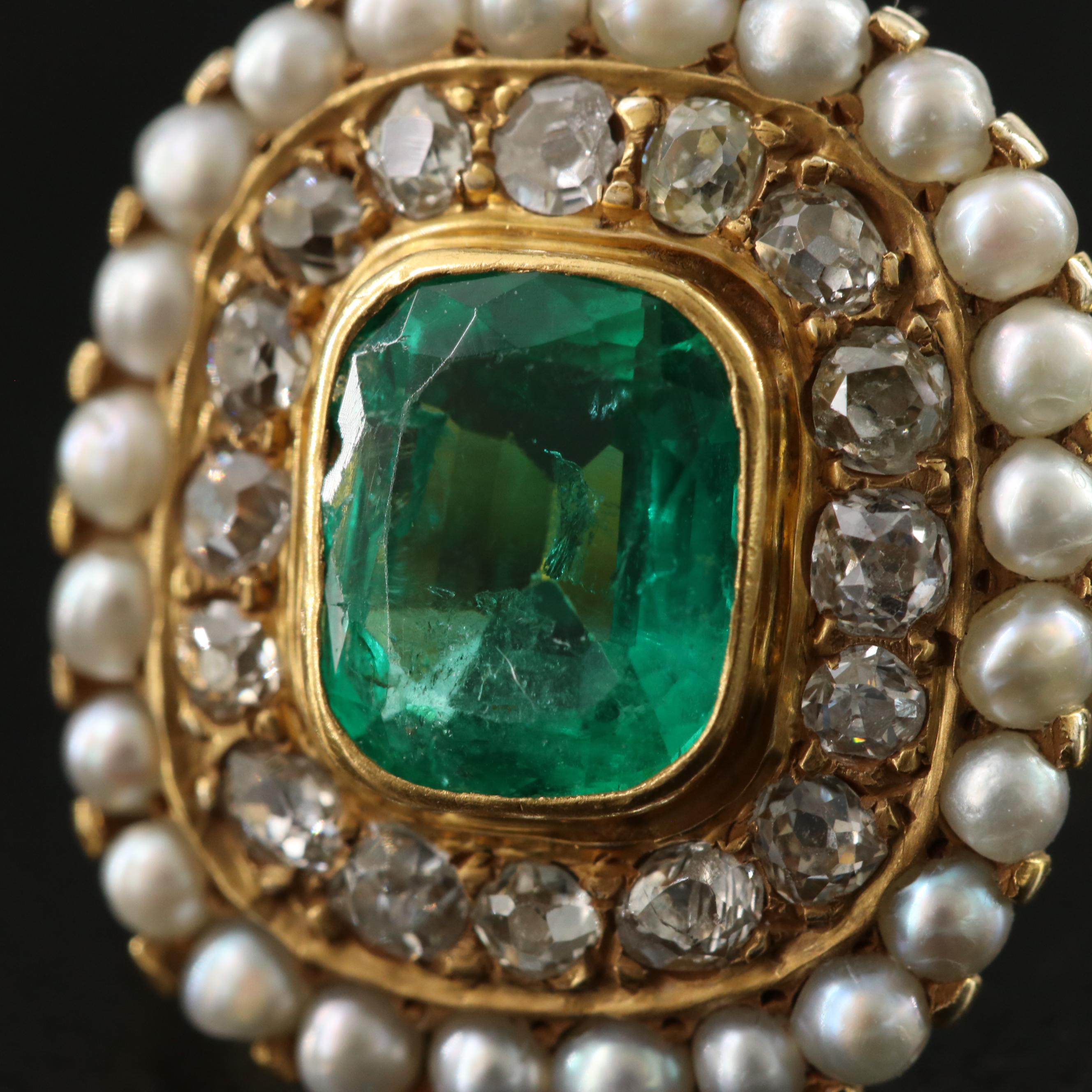 Victorian 14K Columbian Emerald, Diamond & Seed Pearl Ring w/ Online GIA Report
