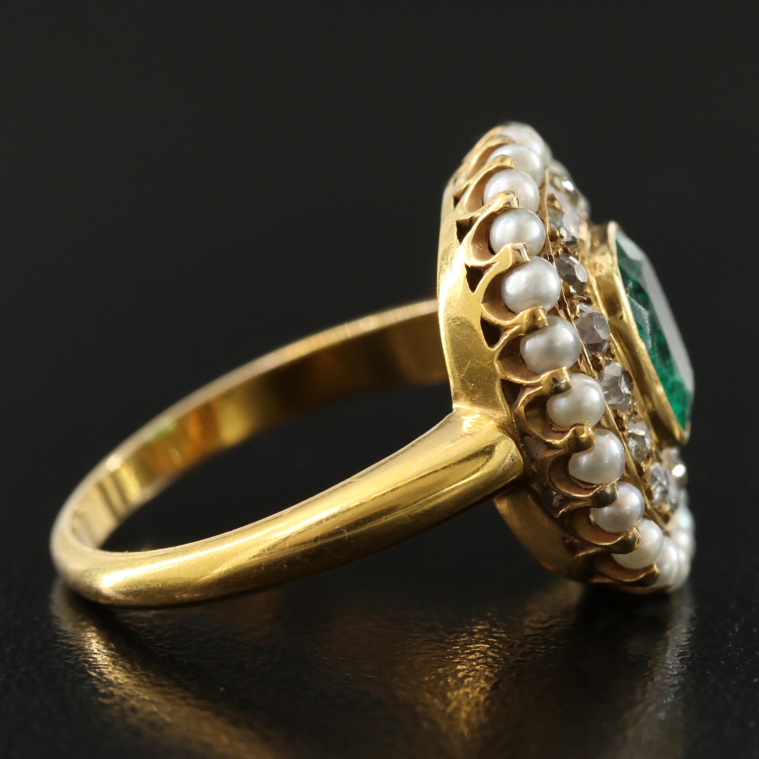 Victorian 14K Columbian Emerald, Diamond & Seed Pearl Ring w/ Online GIA Report