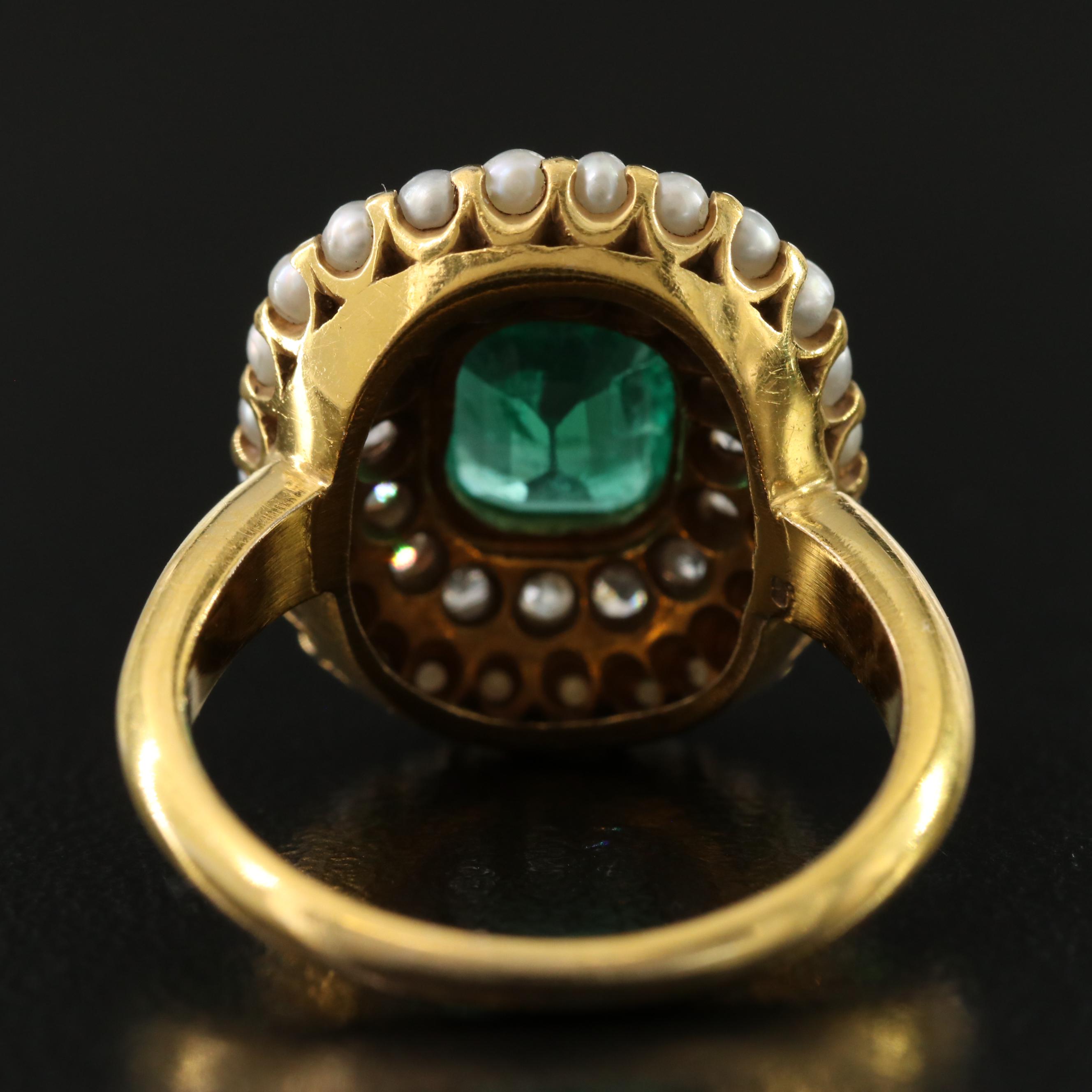 Victorian 14K Columbian Emerald, Diamond & Seed Pearl Ring w/ Online GIA Report