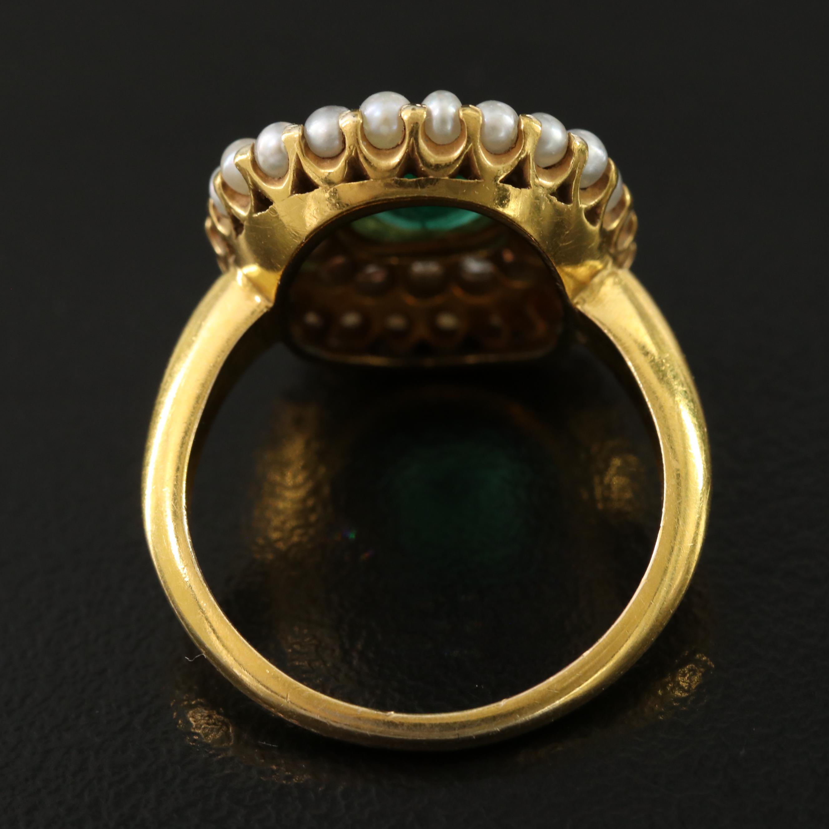 Victorian 14K Columbian Emerald, Diamond & Seed Pearl Ring w/ Online GIA Report
