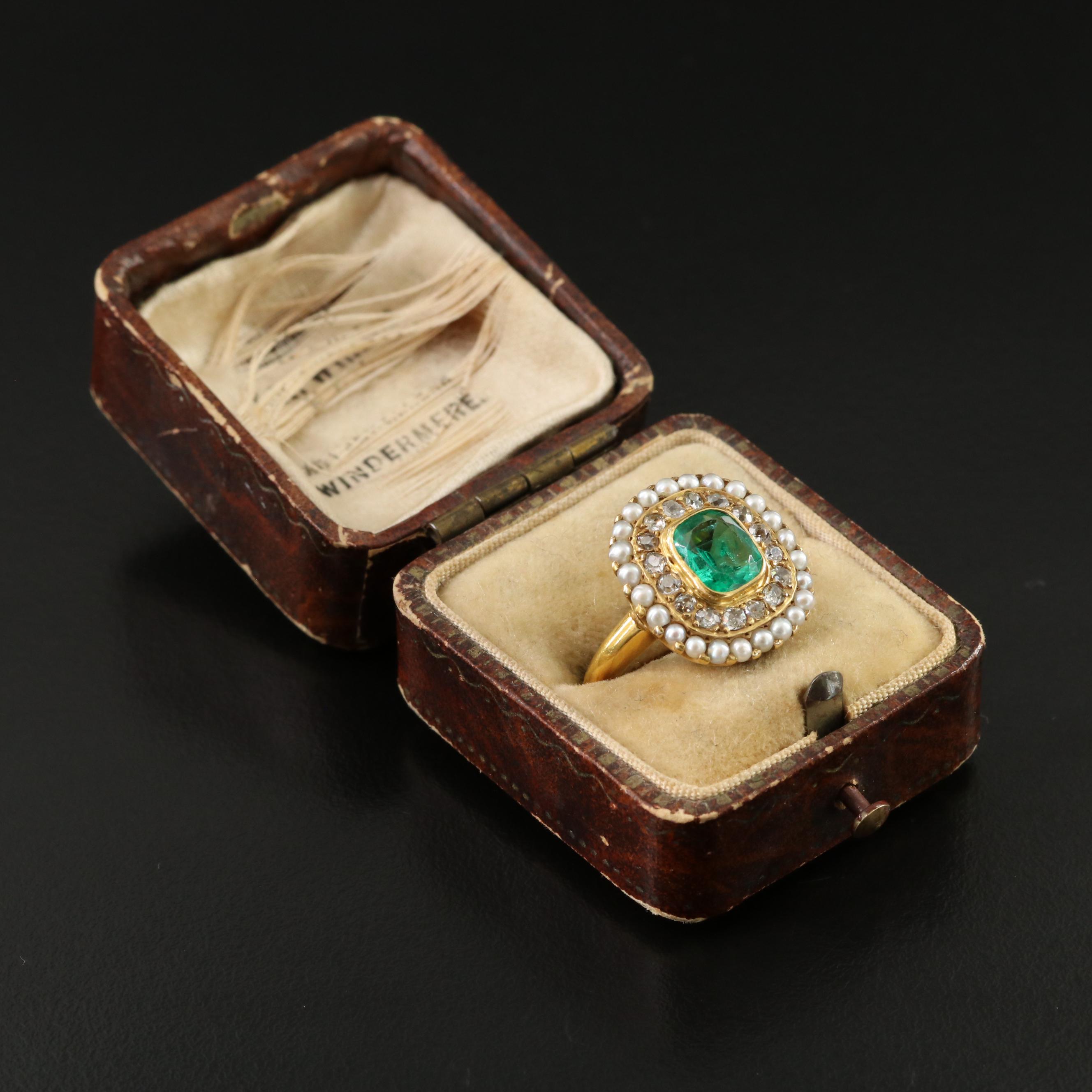 Victorian 14K Columbian Emerald, Diamond & Seed Pearl Ring w/ Online GIA Report
