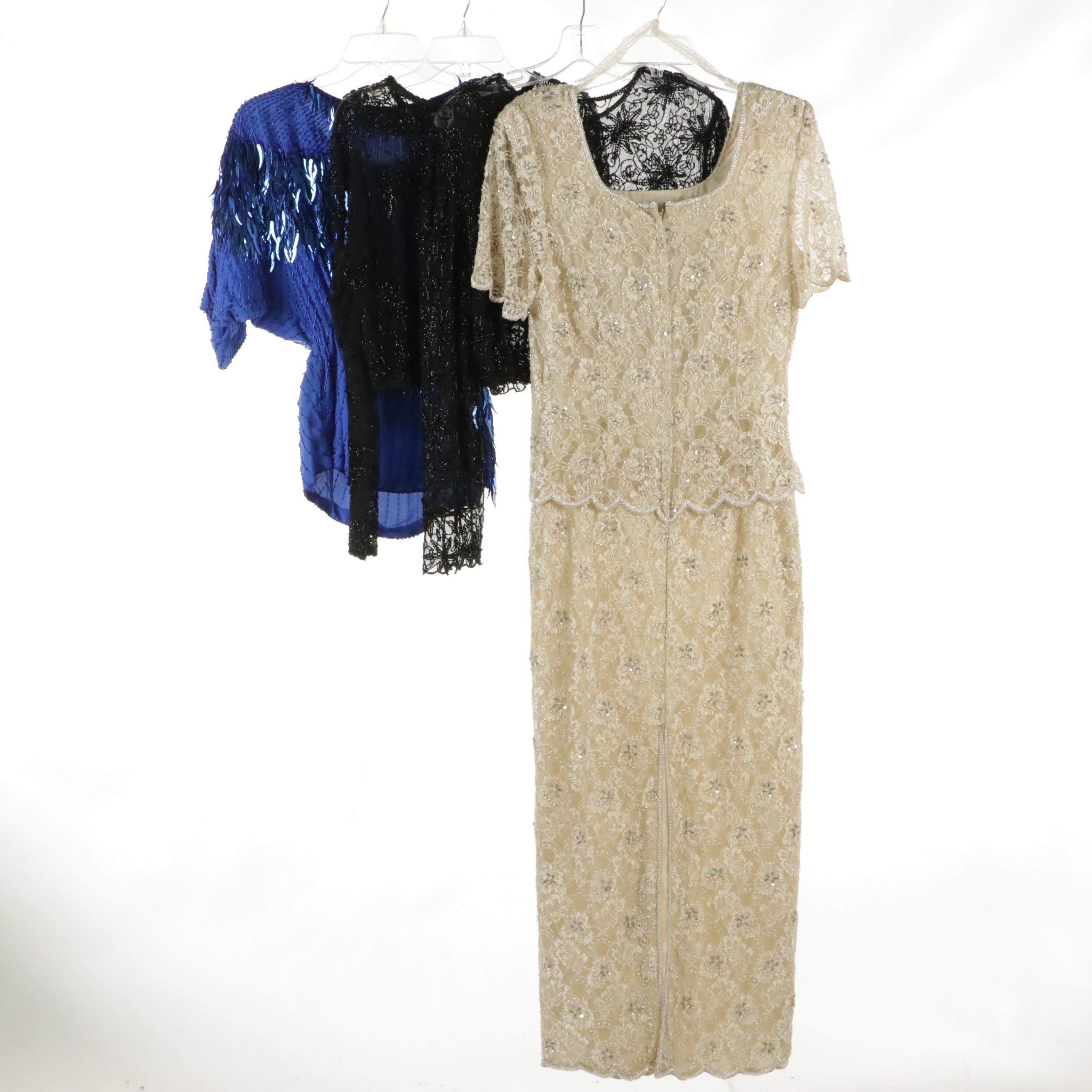 Scala Sheer Beaded Evening Tops, Sténay Embellished Lace Gown, Oleg Cassini Top