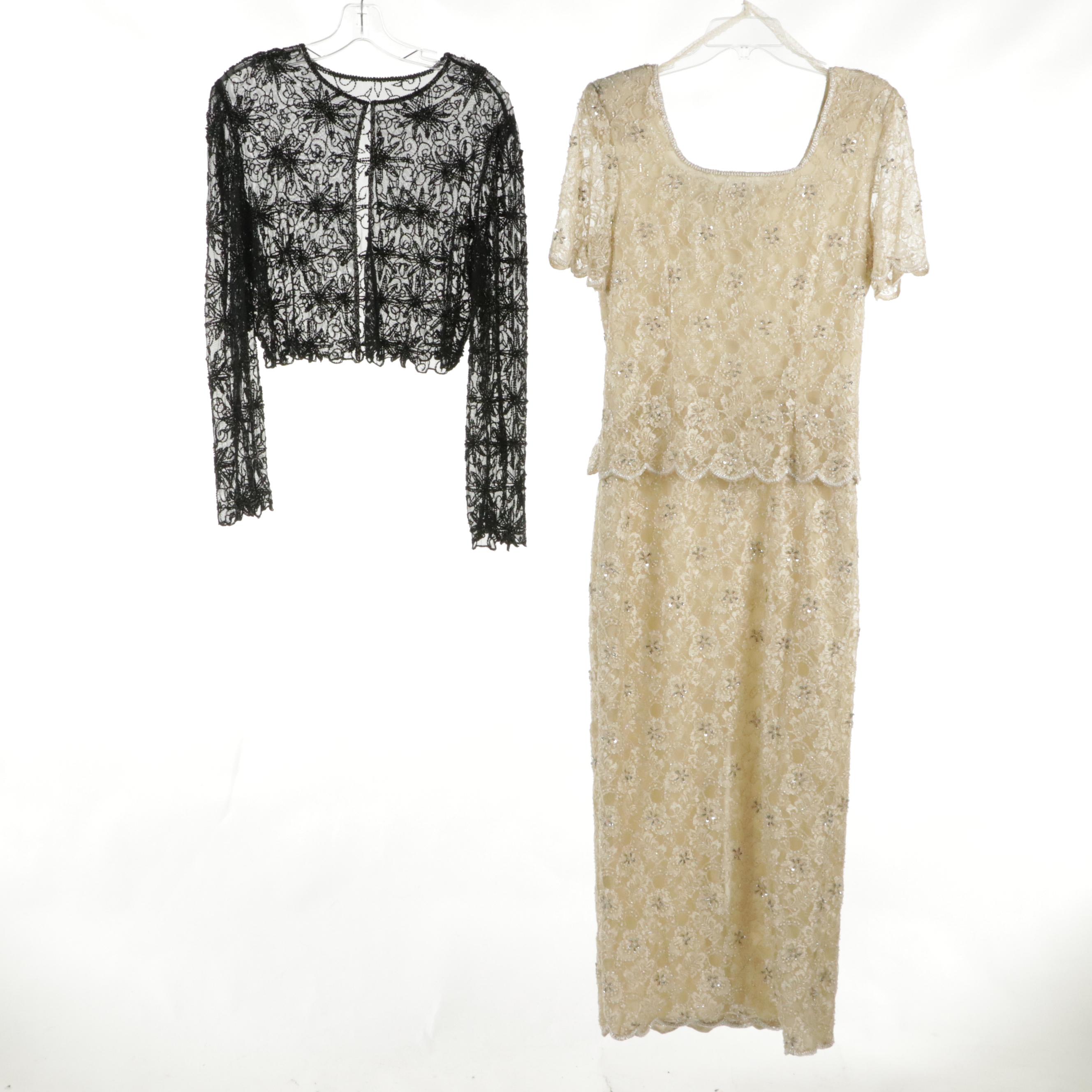 Scala Sheer Beaded Evening Tops, Sténay Embellished Lace Gown, Oleg Cassini Top