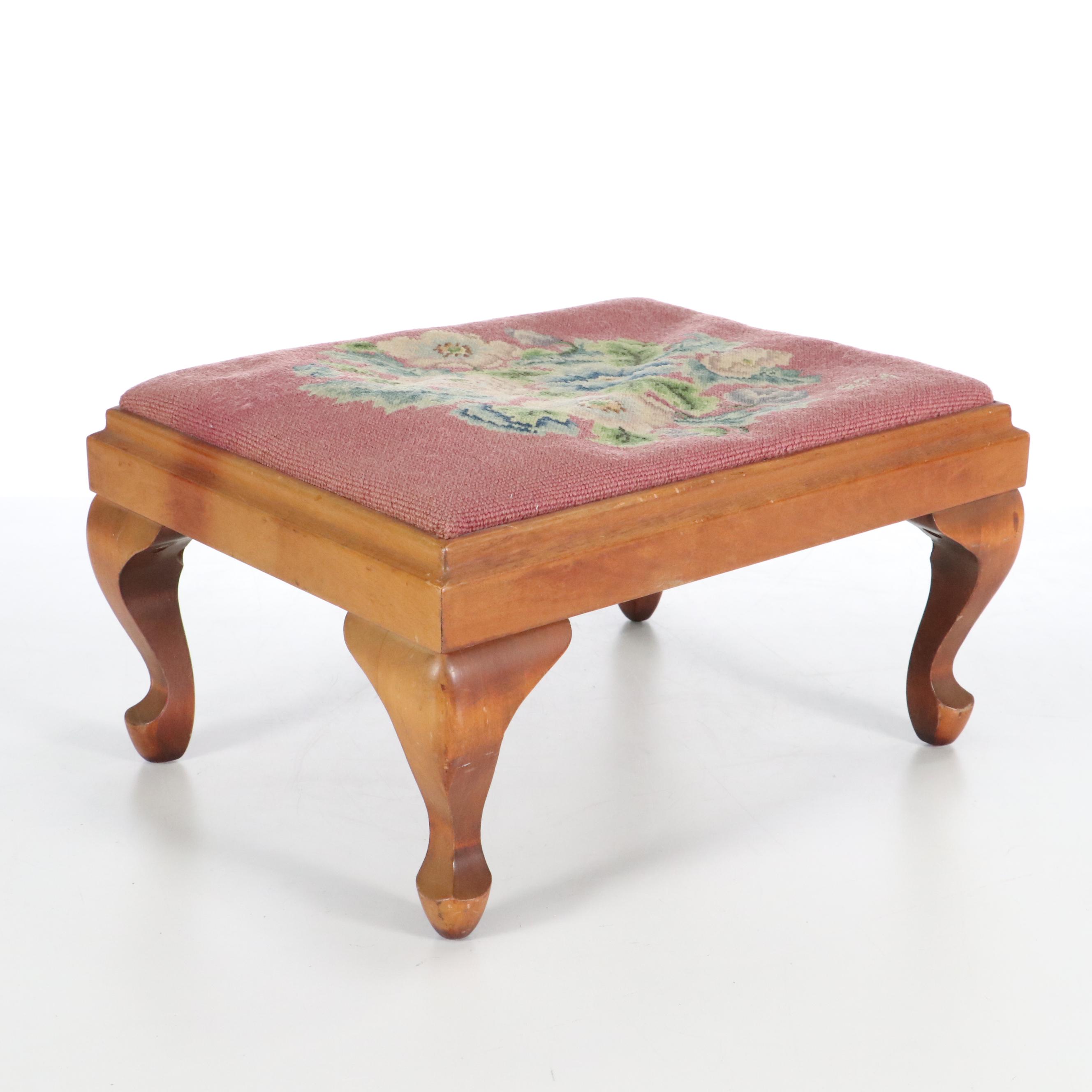 Queen Anne Style Footstool with Needlepoint Top, 20th Century