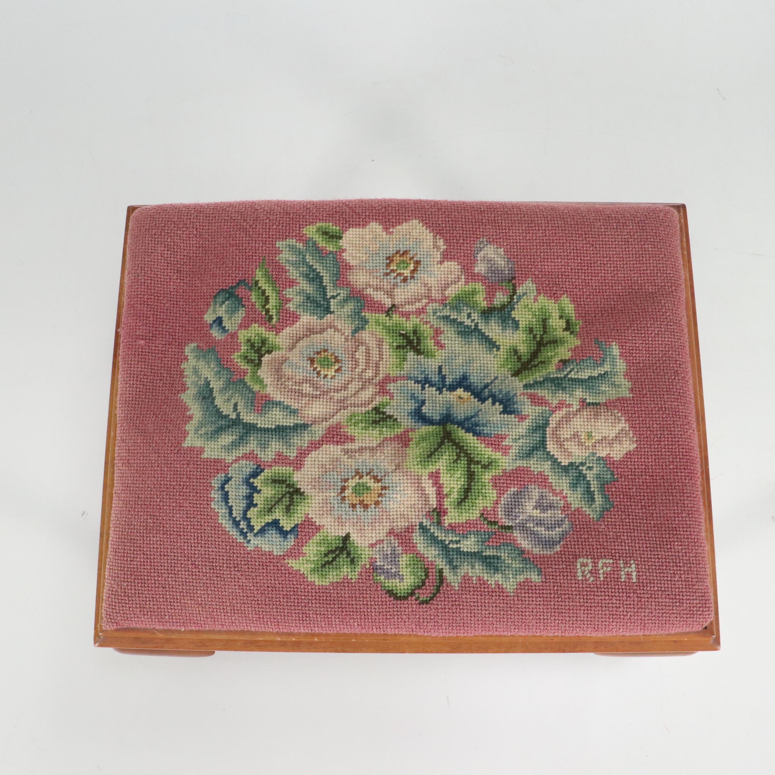 Queen Anne Style Footstool with Needlepoint Top, 20th Century