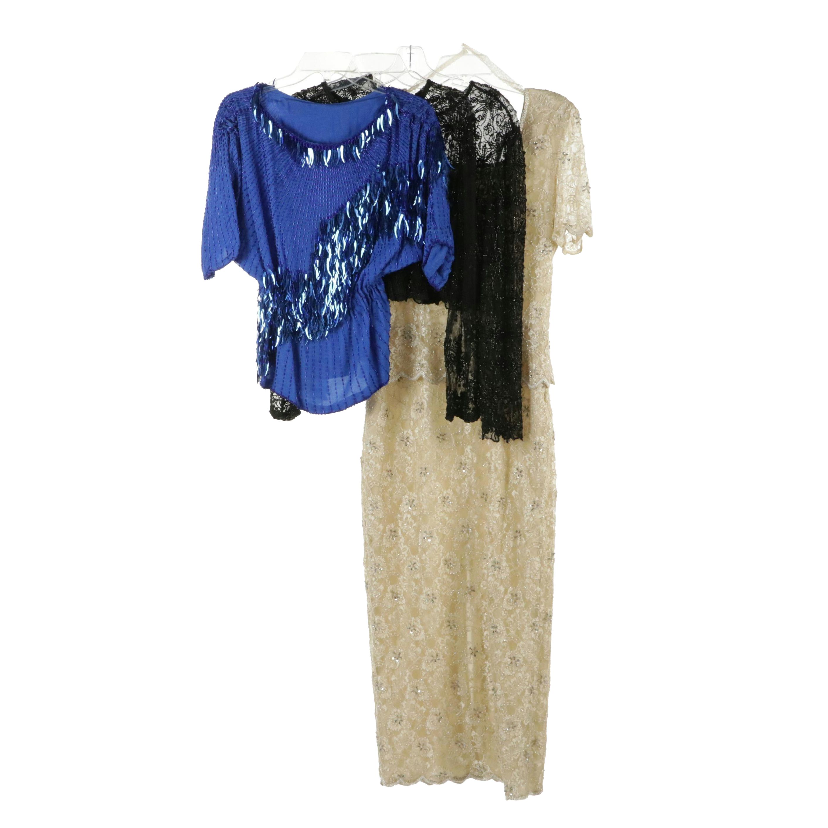 Scala Sheer Beaded Evening Tops, Sténay Embellished Lace Gown, Oleg Cassini Top