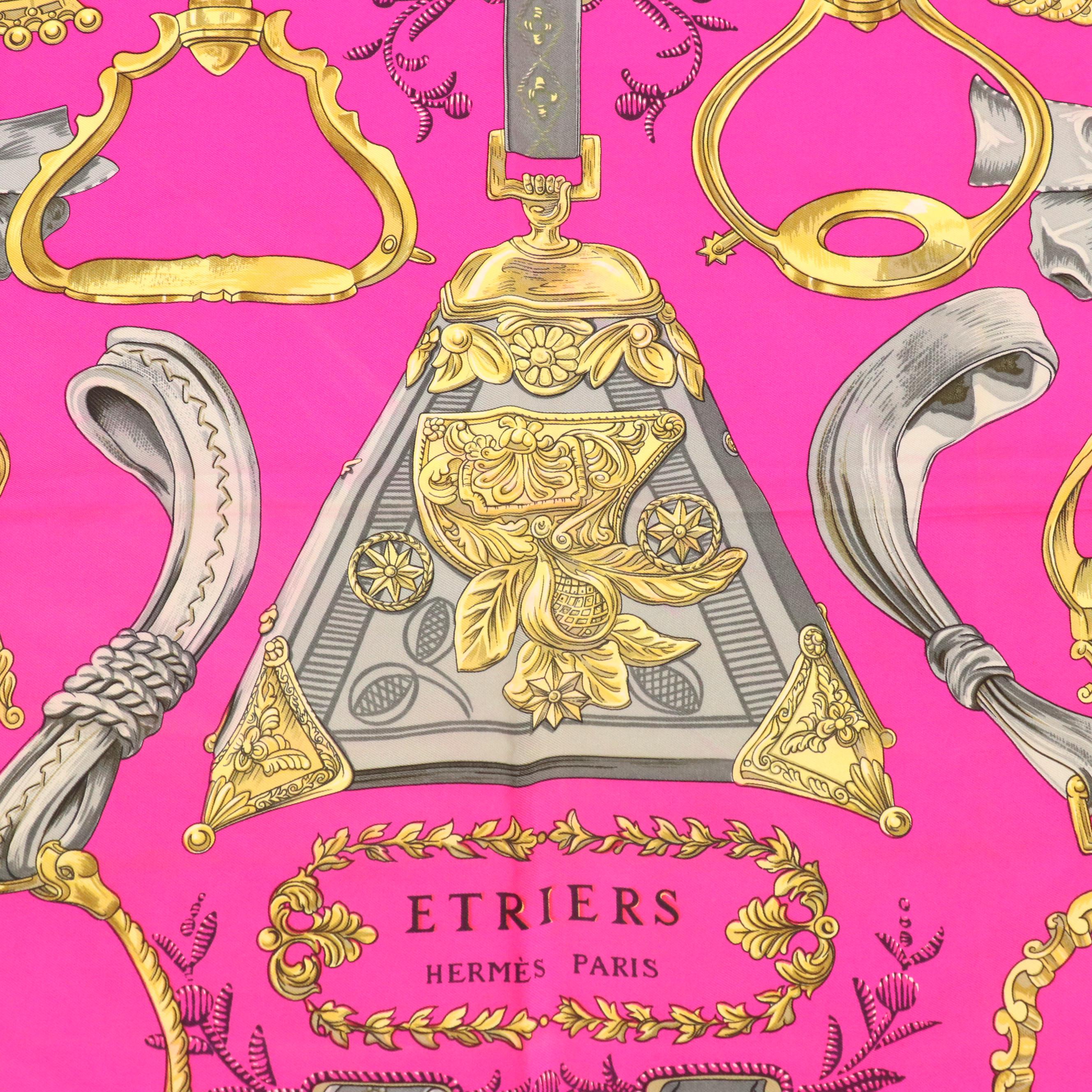 Hermès "Etriers" Hot Pink Silk Twill Scarf 90