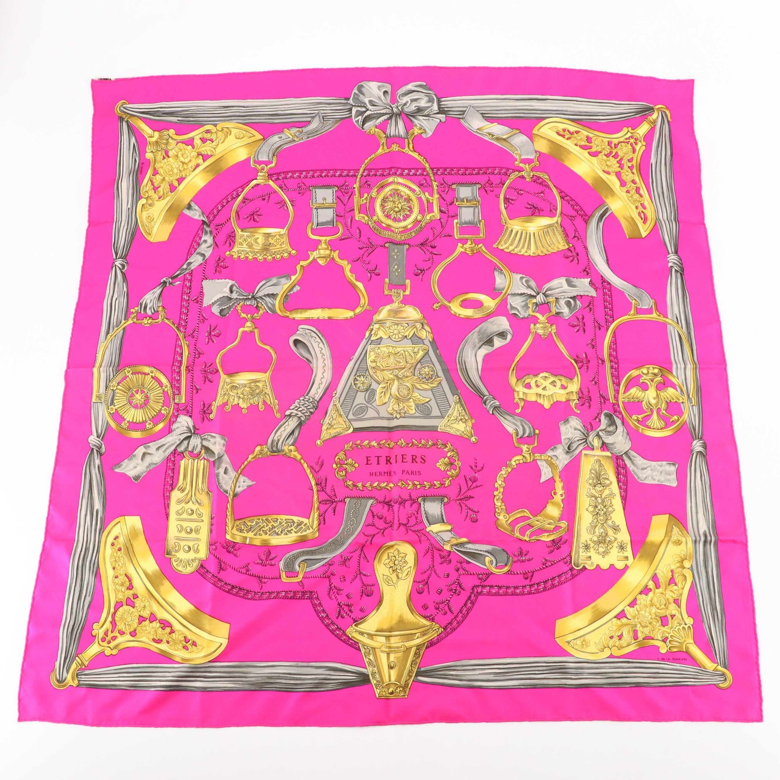 Hermès "Etriers" Hot Pink Silk Twill Scarf 90