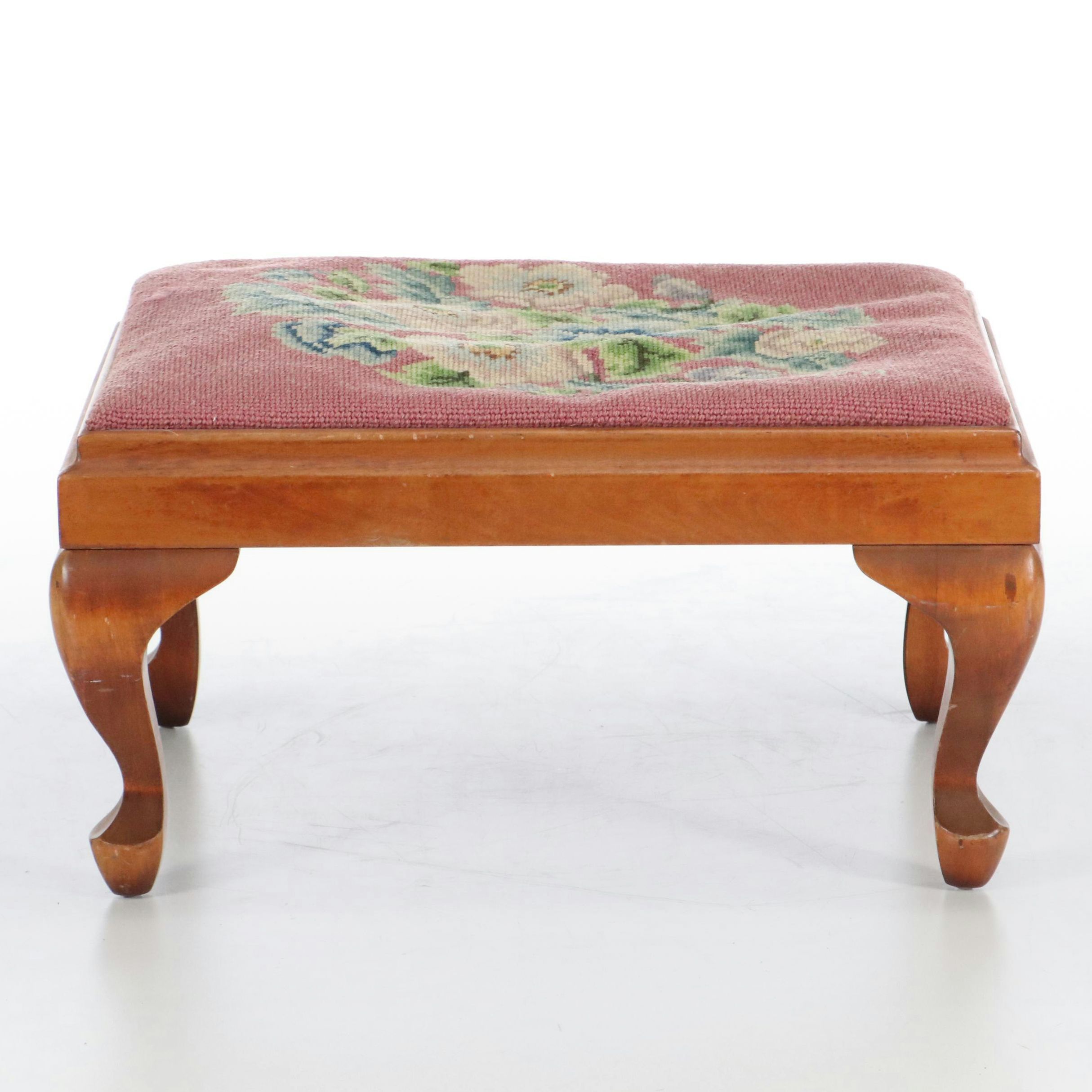 Queen Anne Style Footstool with Needlepoint Top, 20th Century