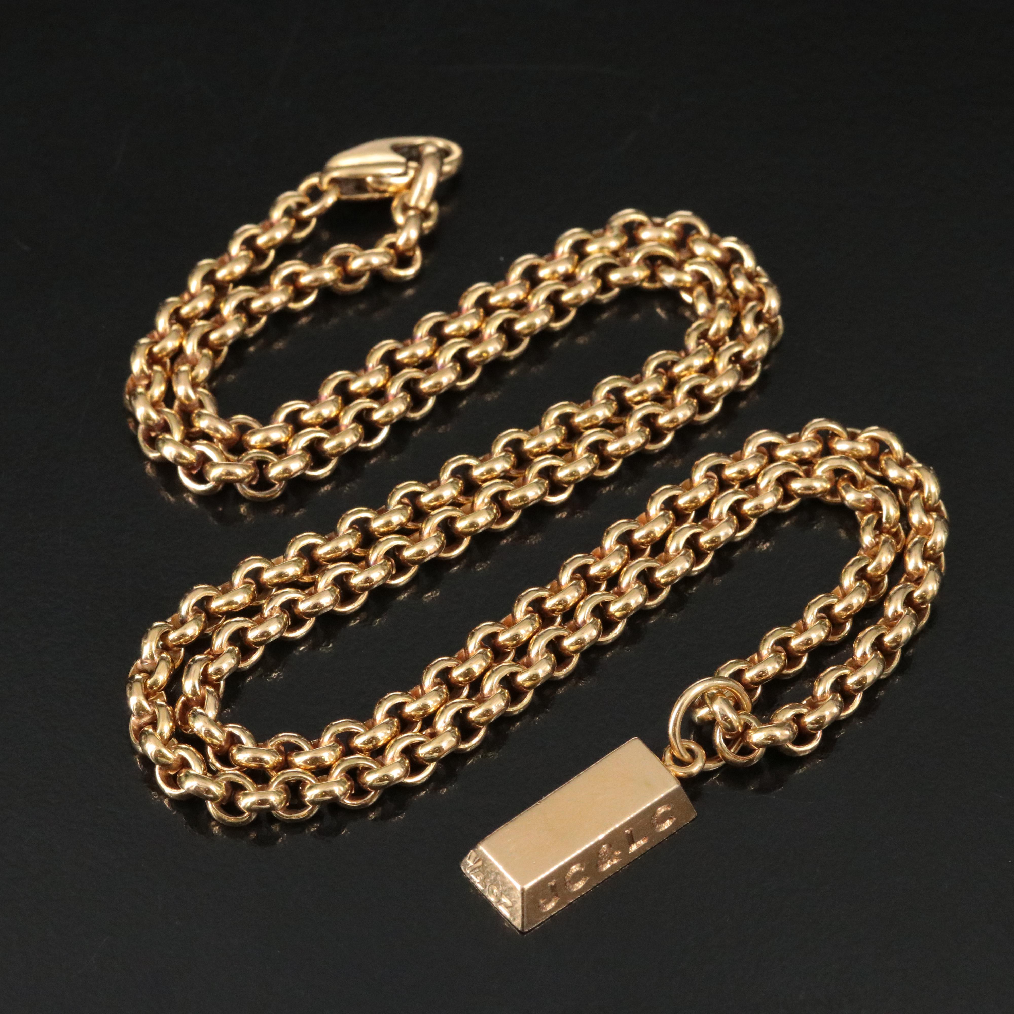 Cartier 18K 1/4 Oz. Ingot Bar Charm with Rolo Chain Necklace