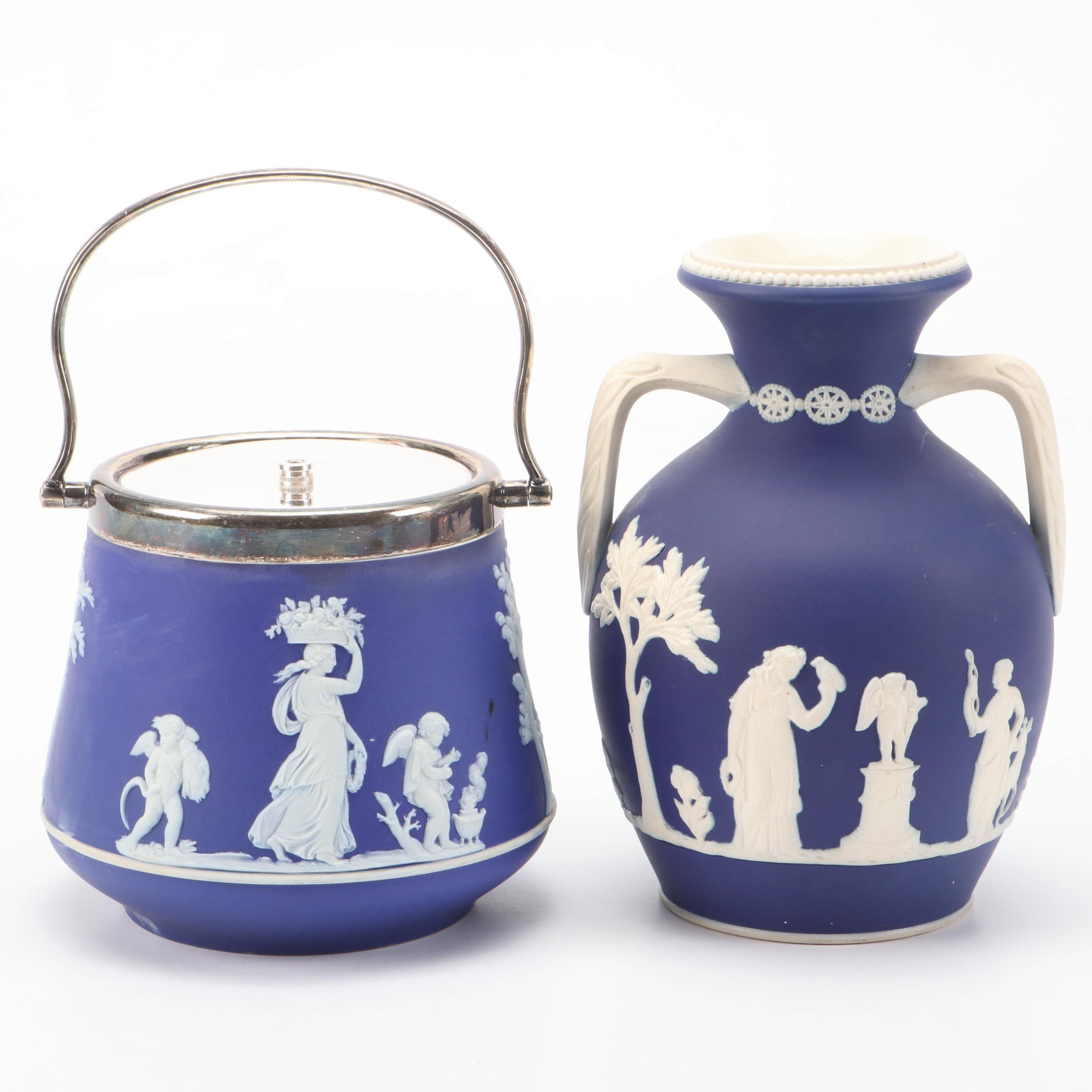 English Sprig Decorated Jasperware Style Biscuit Barrel and Vase