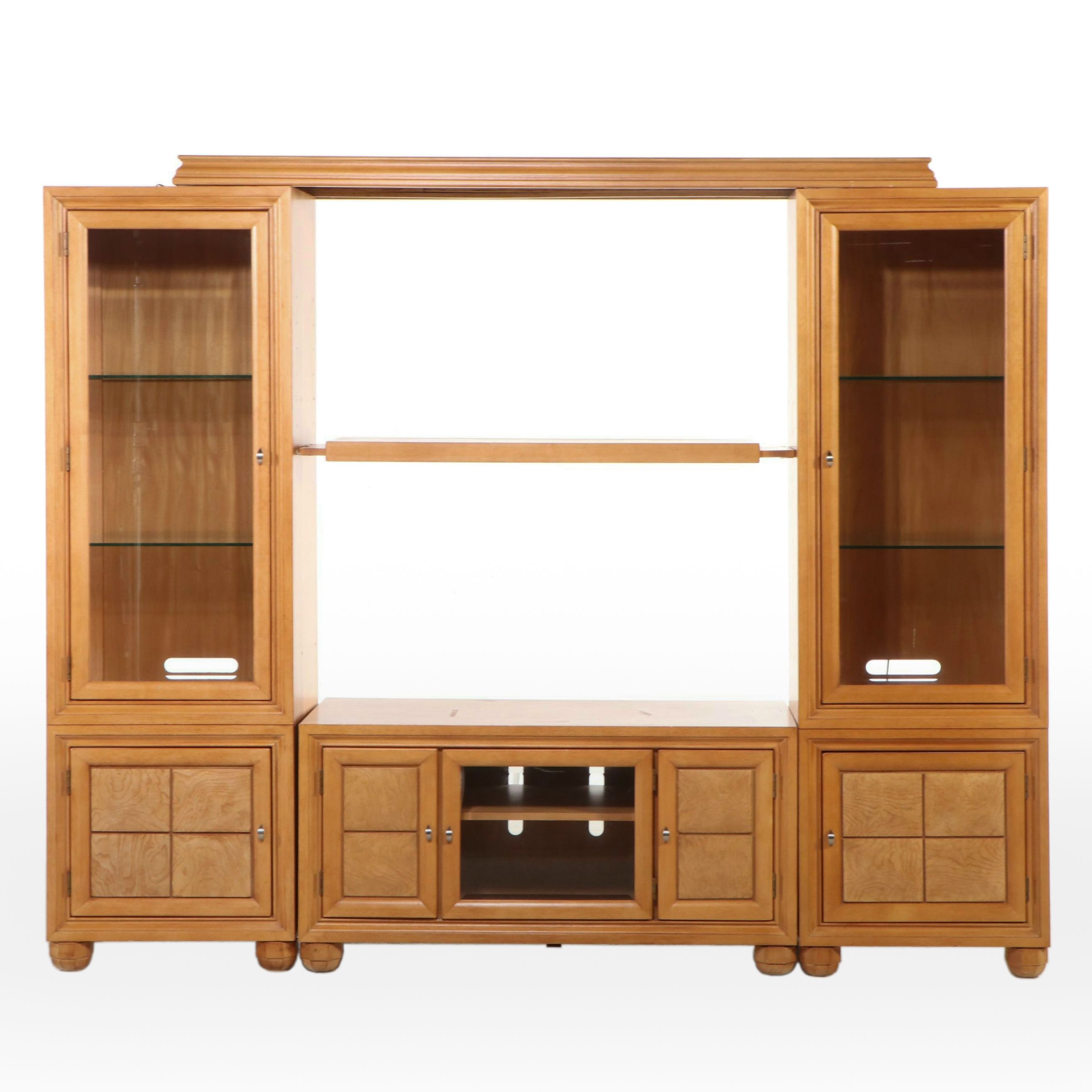 Blonde Wood Entertainment Center with Bridge