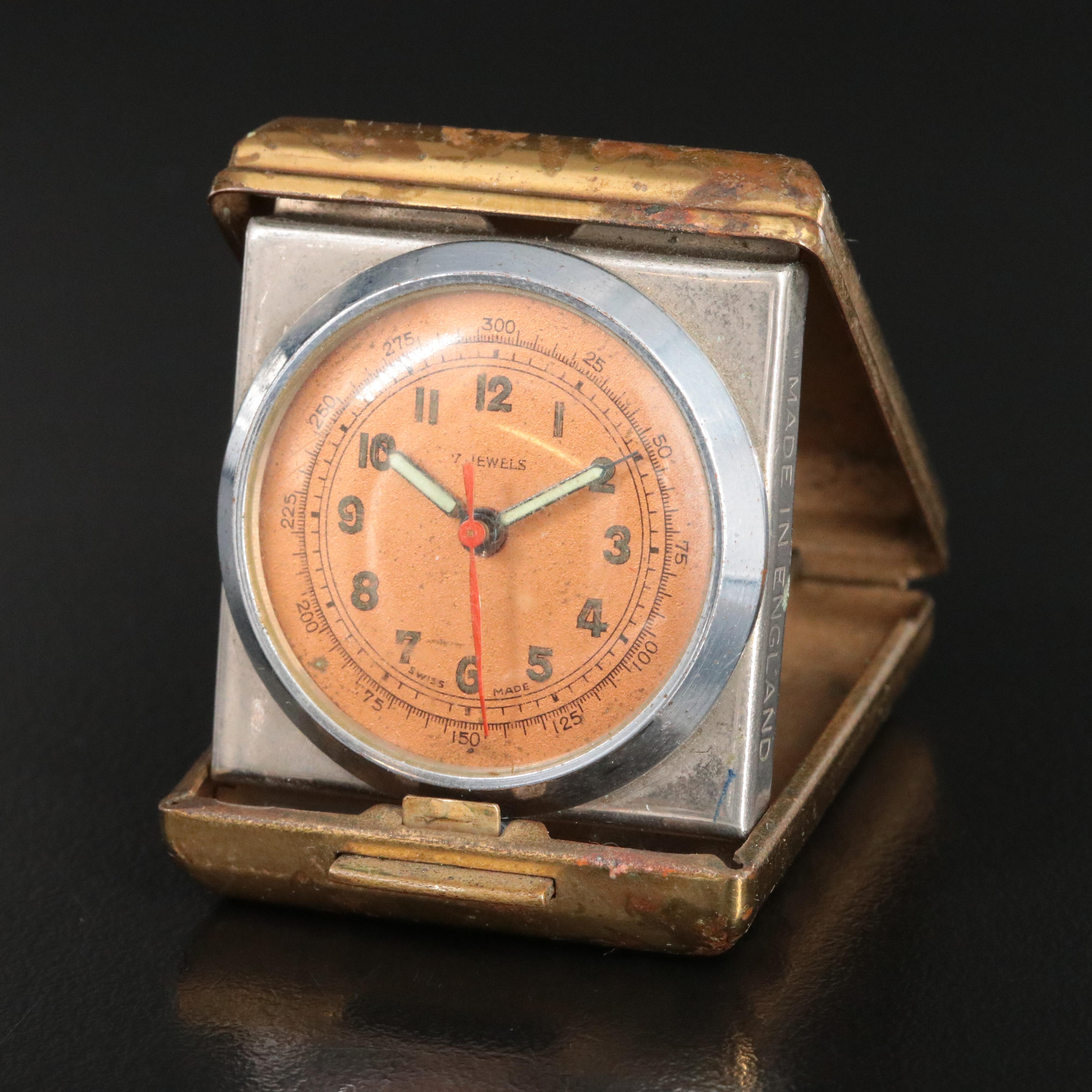 Vintage English Cased Swiss Made Stem Wind Travel Alarm Clock