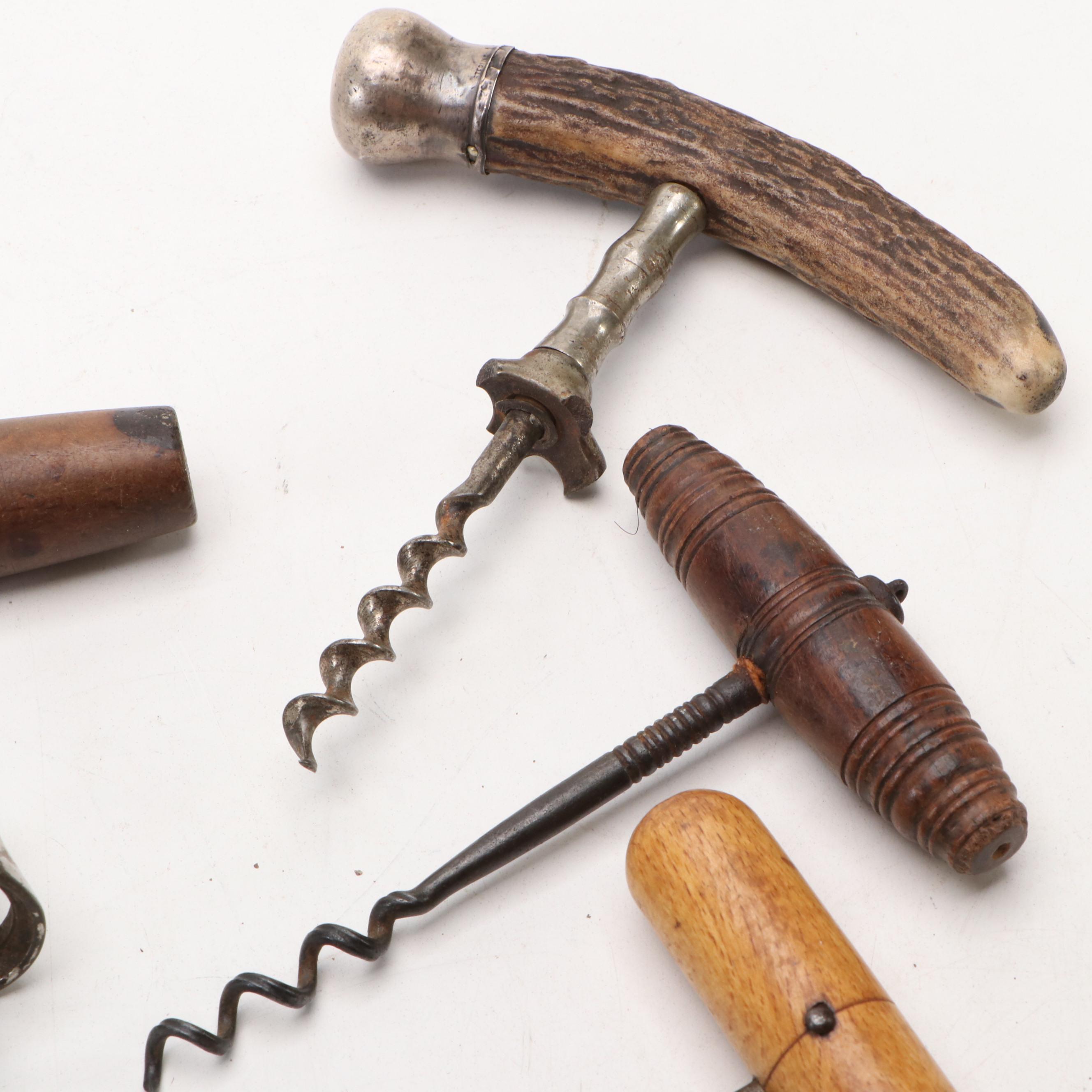 Antler with Wooden Handled and Other Wine Bottle Openers and Champagne Bucket