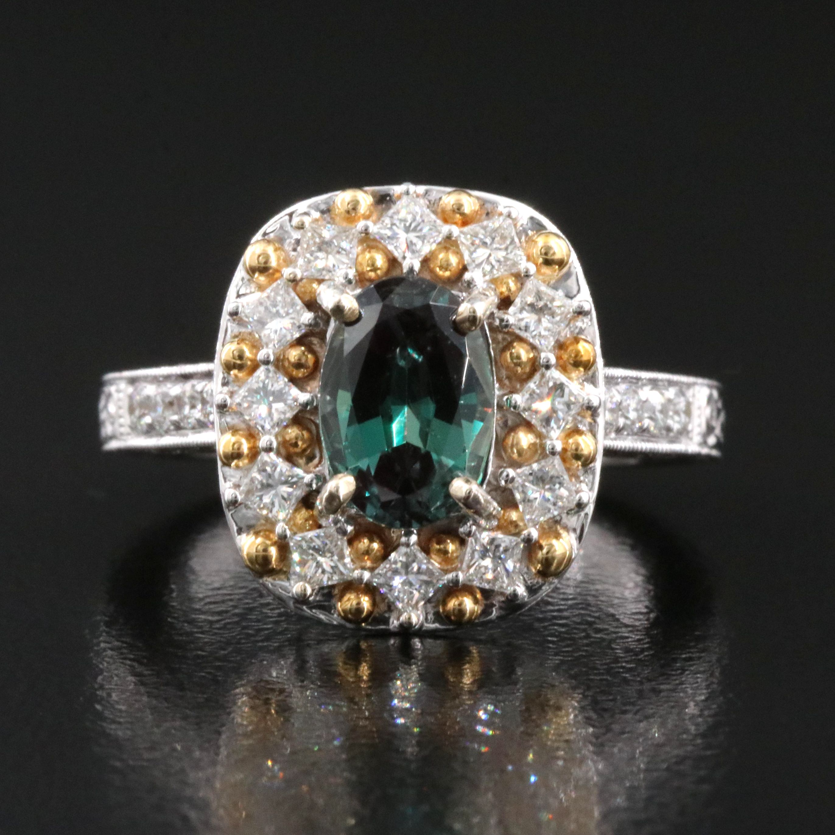 18K 1.53 CT Alexandrite and 1.00 CTW Diamond Halo Ring with AGL Prestige Report