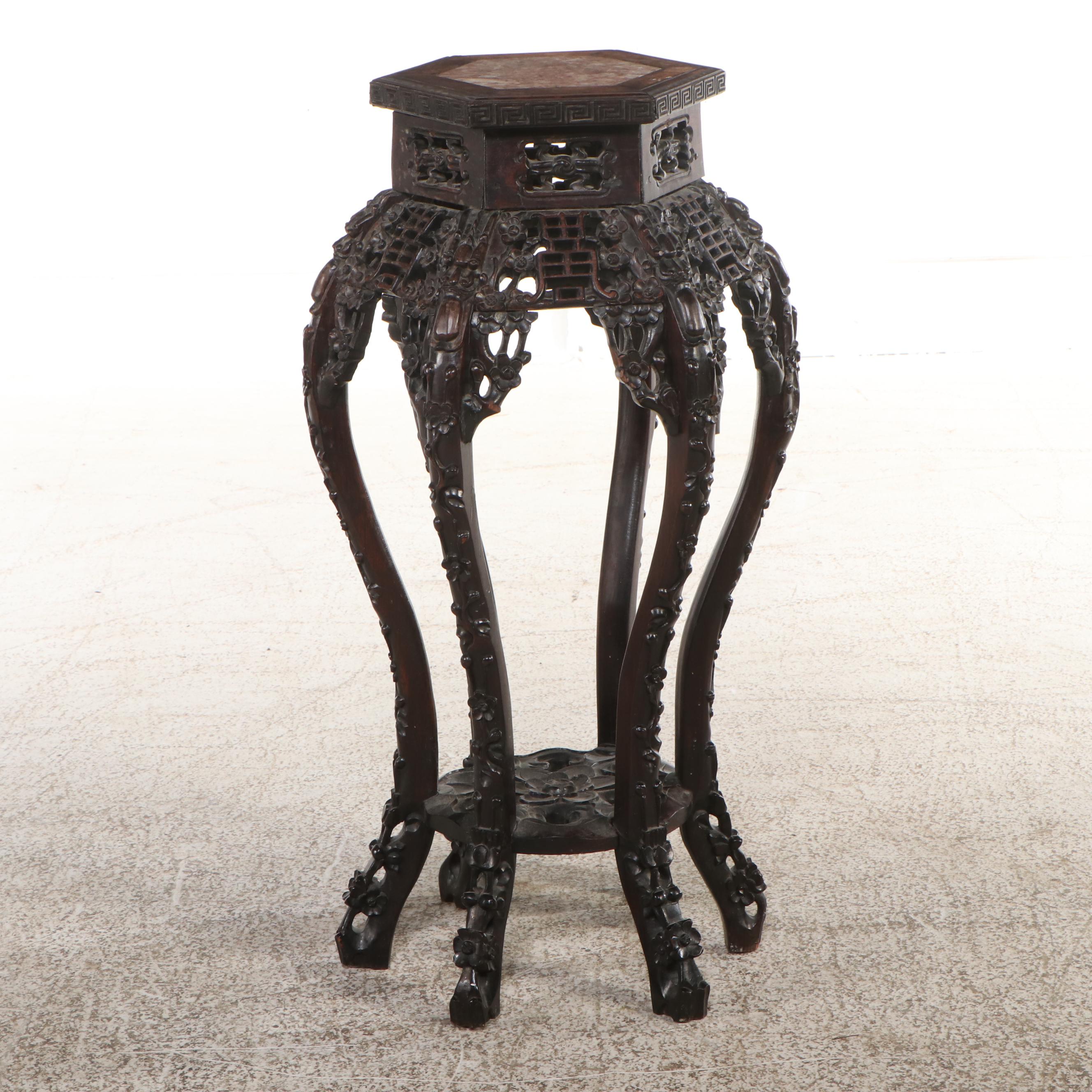 Chinese Marble Top Ornately Carved Wood Plant Stand