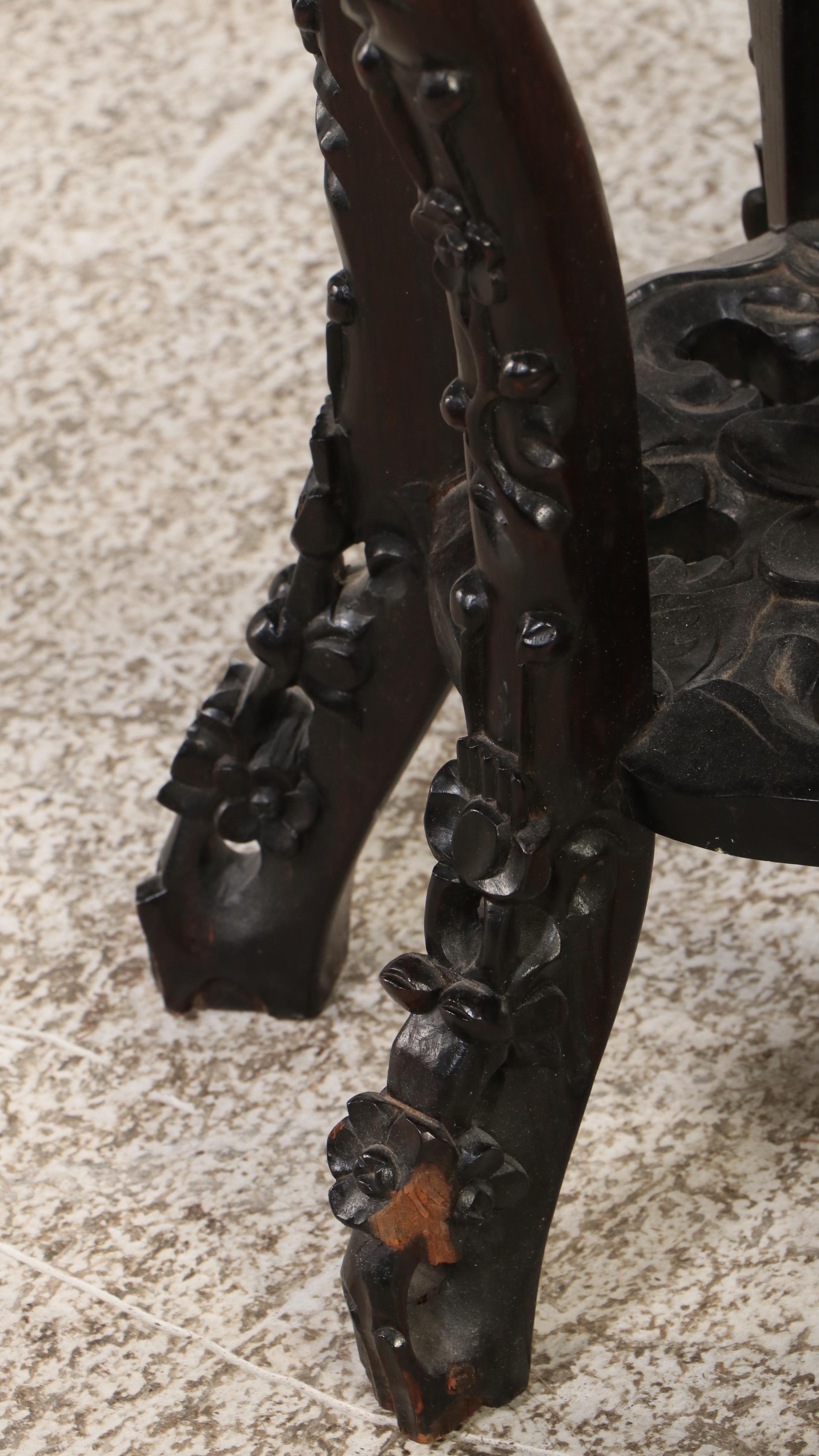 Chinese Marble Top Ornately Carved Wood Plant Stand