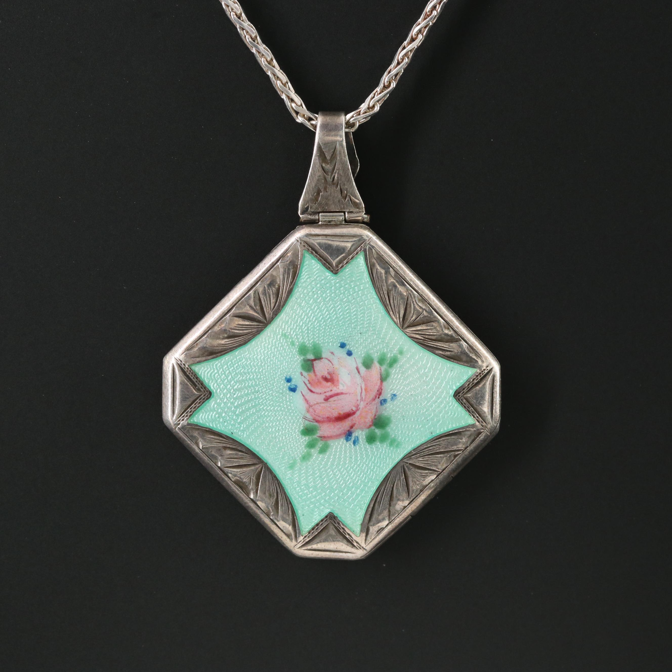Sterling Guilloché Enamel Locket Necklace