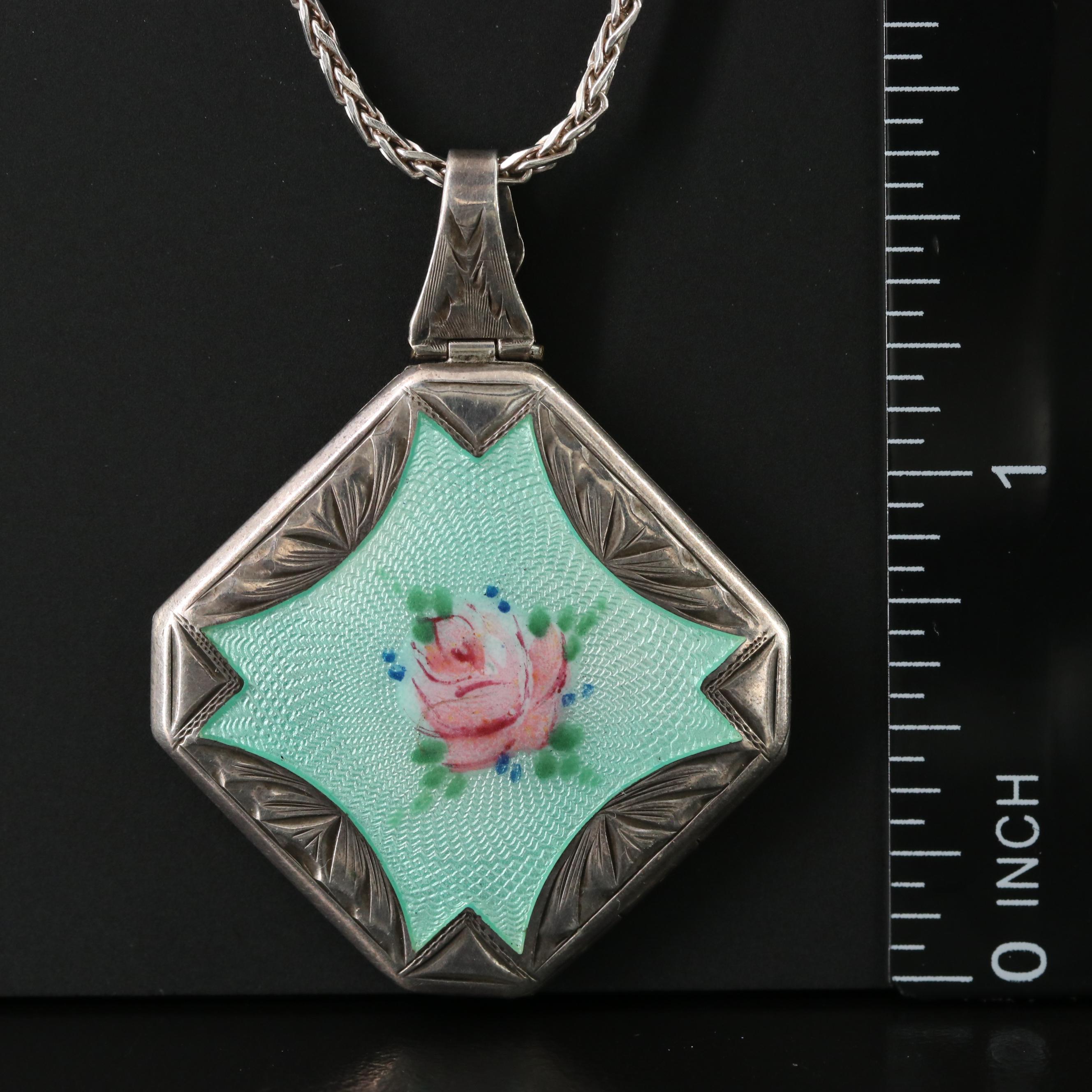 Sterling Guilloché Enamel Locket Necklace