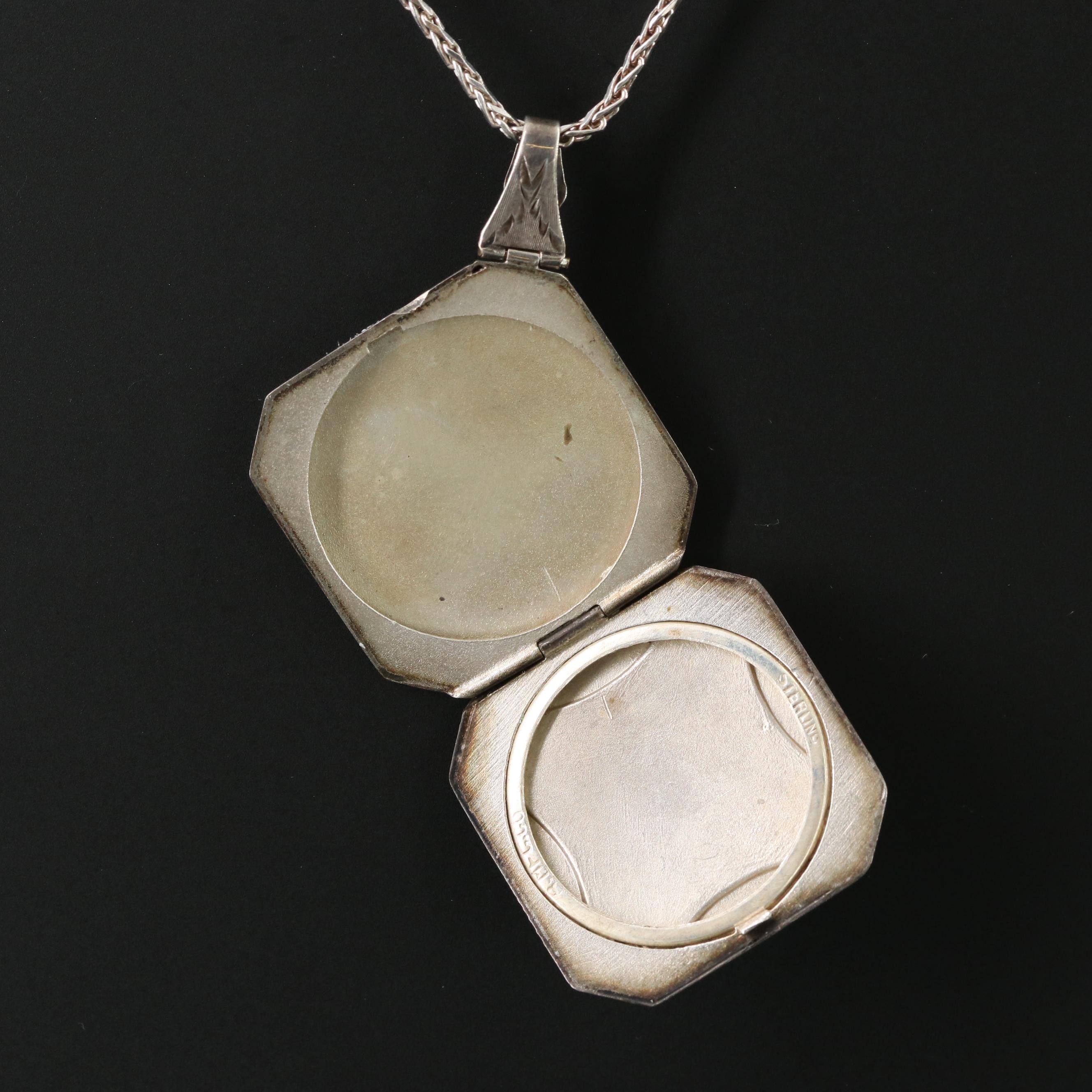 Sterling Guilloché Enamel Locket Necklace