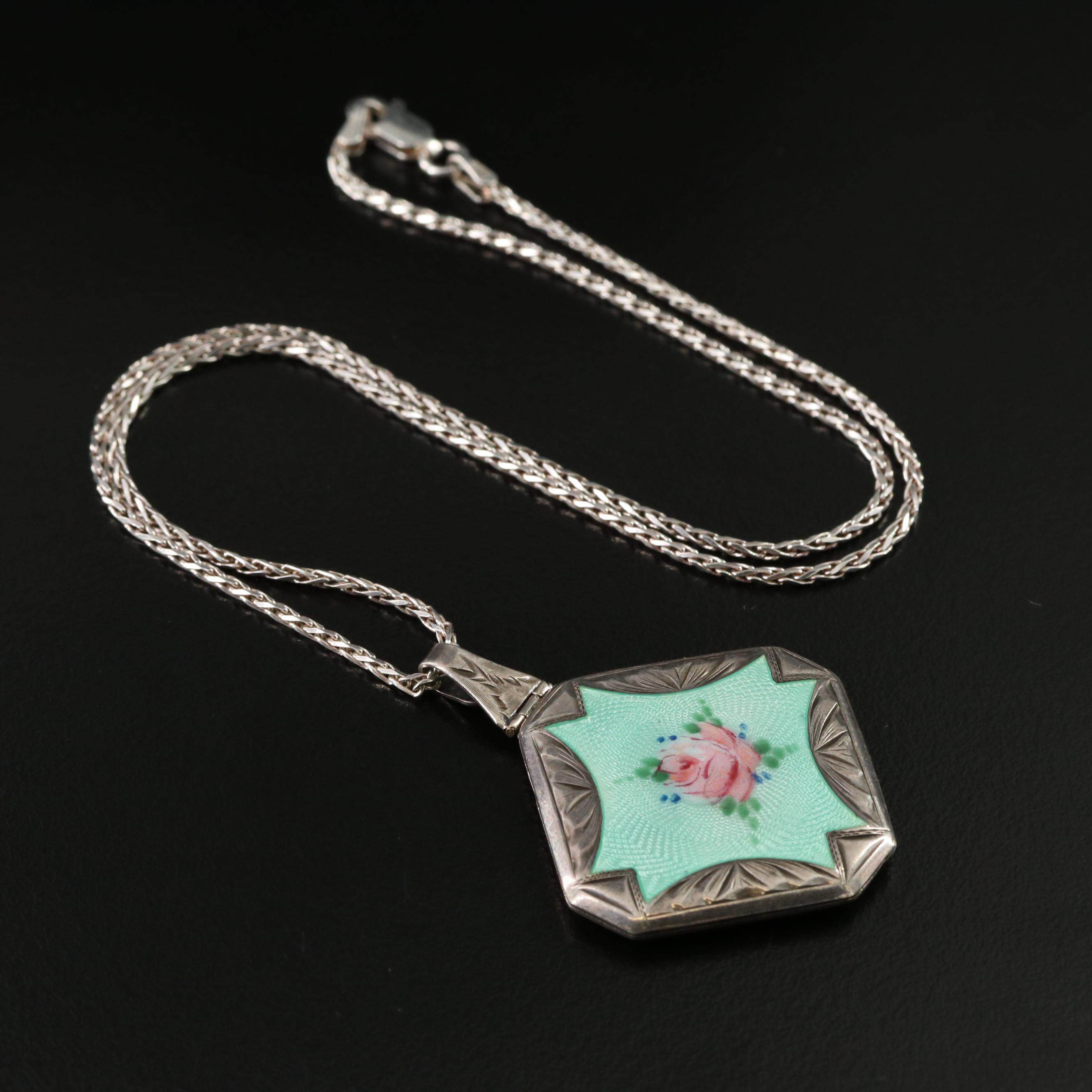 Sterling Guilloché Enamel Locket Necklace