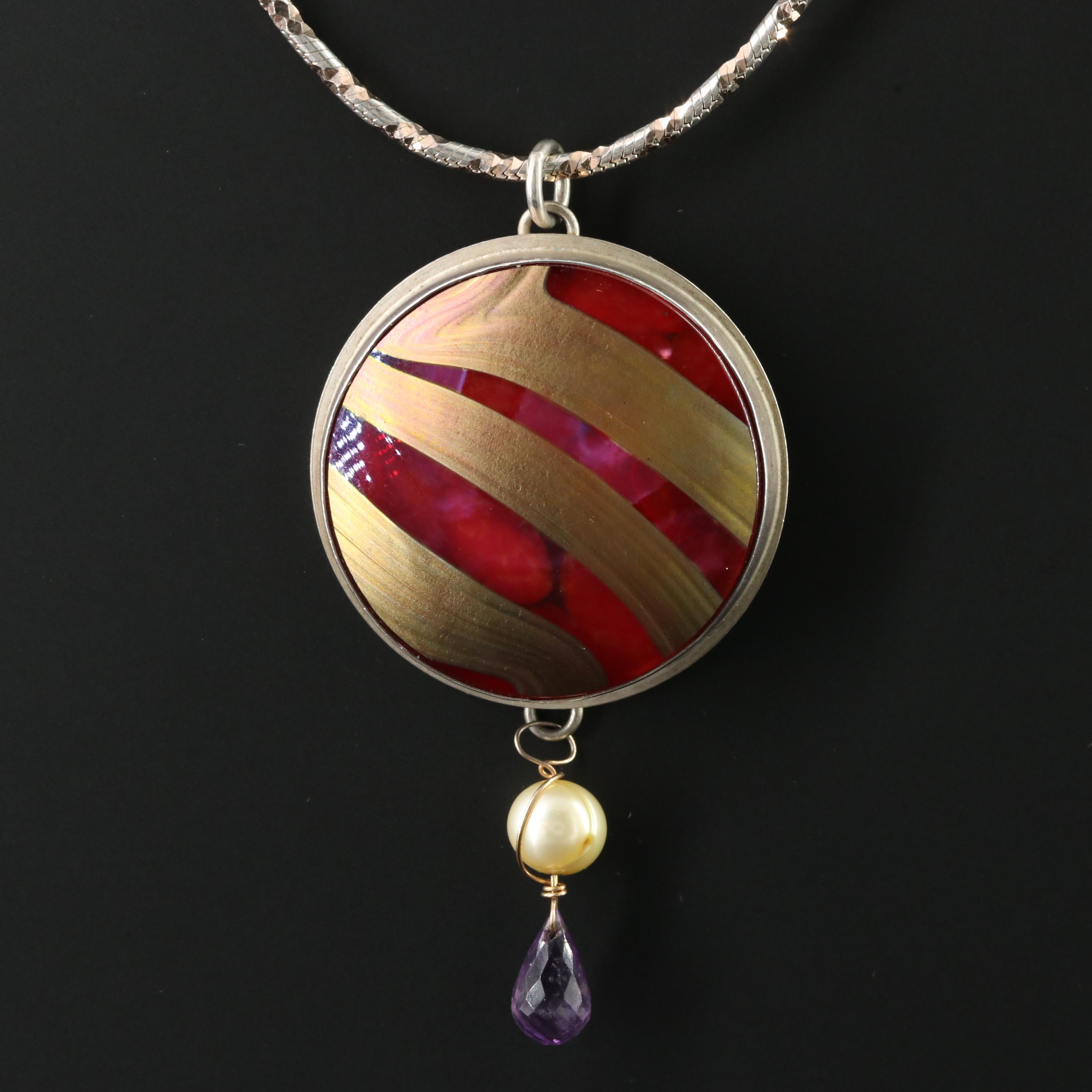 Sterling Pendant Necklace with 18K Accent, Pearl and Amethyst