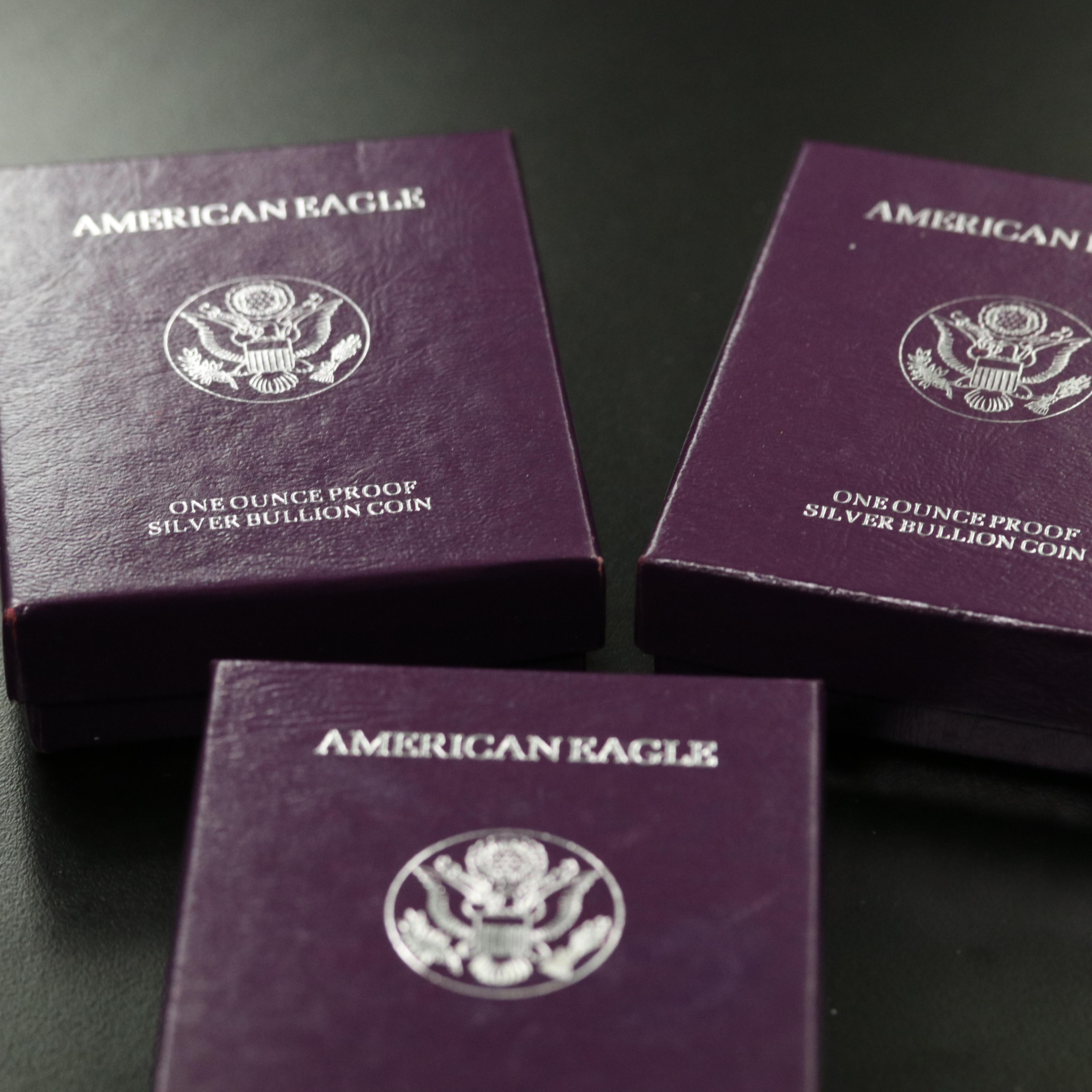 Three 1990-S Proof American Silver Eagle Bullion Coins