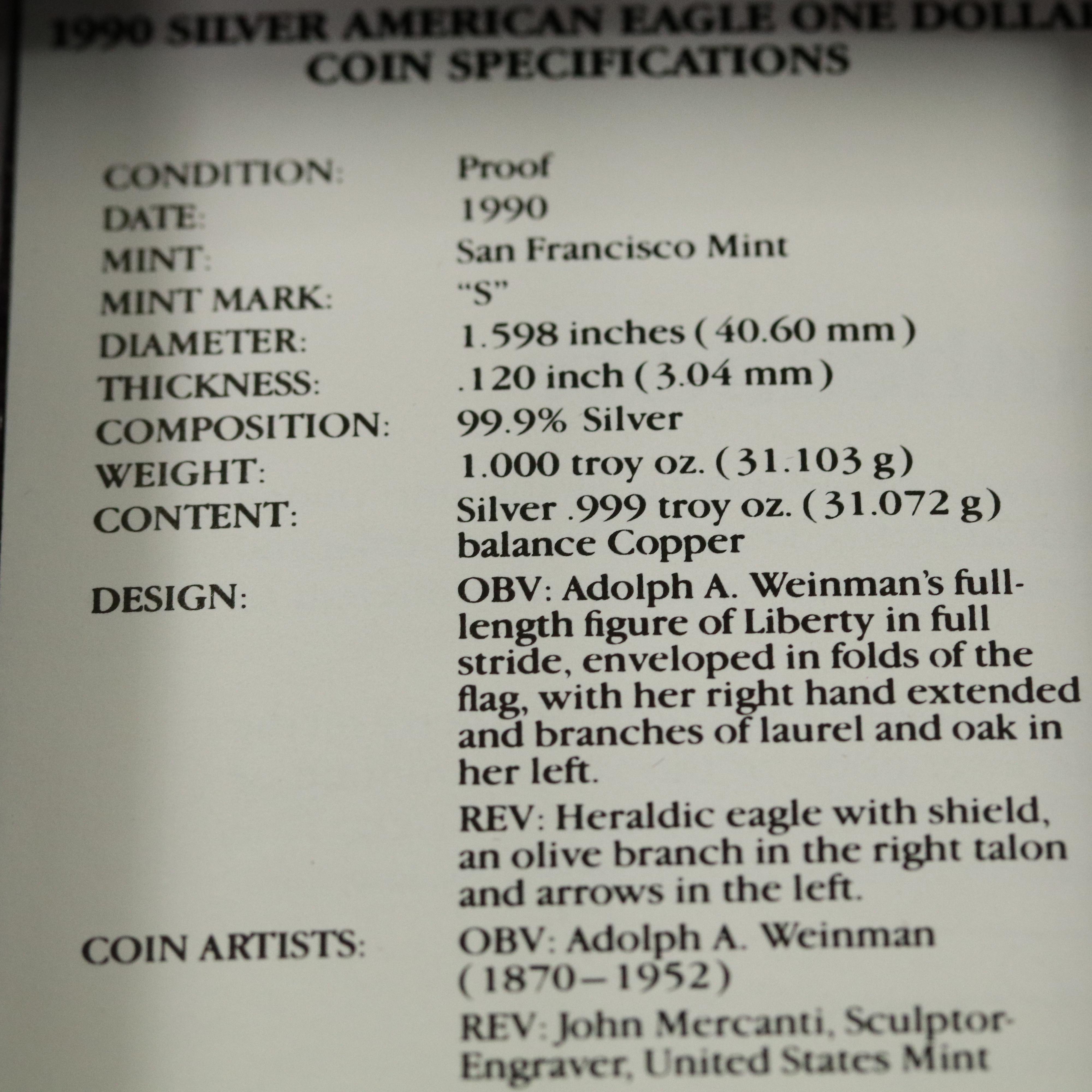 Three 1990-S Proof American Silver Eagle Bullion Coins