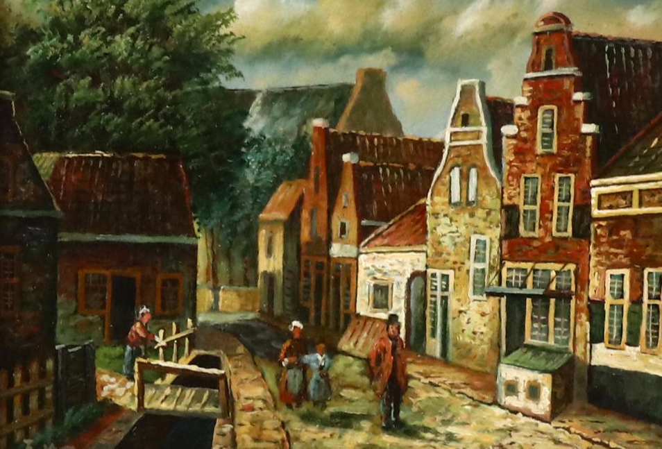 Oil Painting with Street Scene, Late 19th / 20th Century