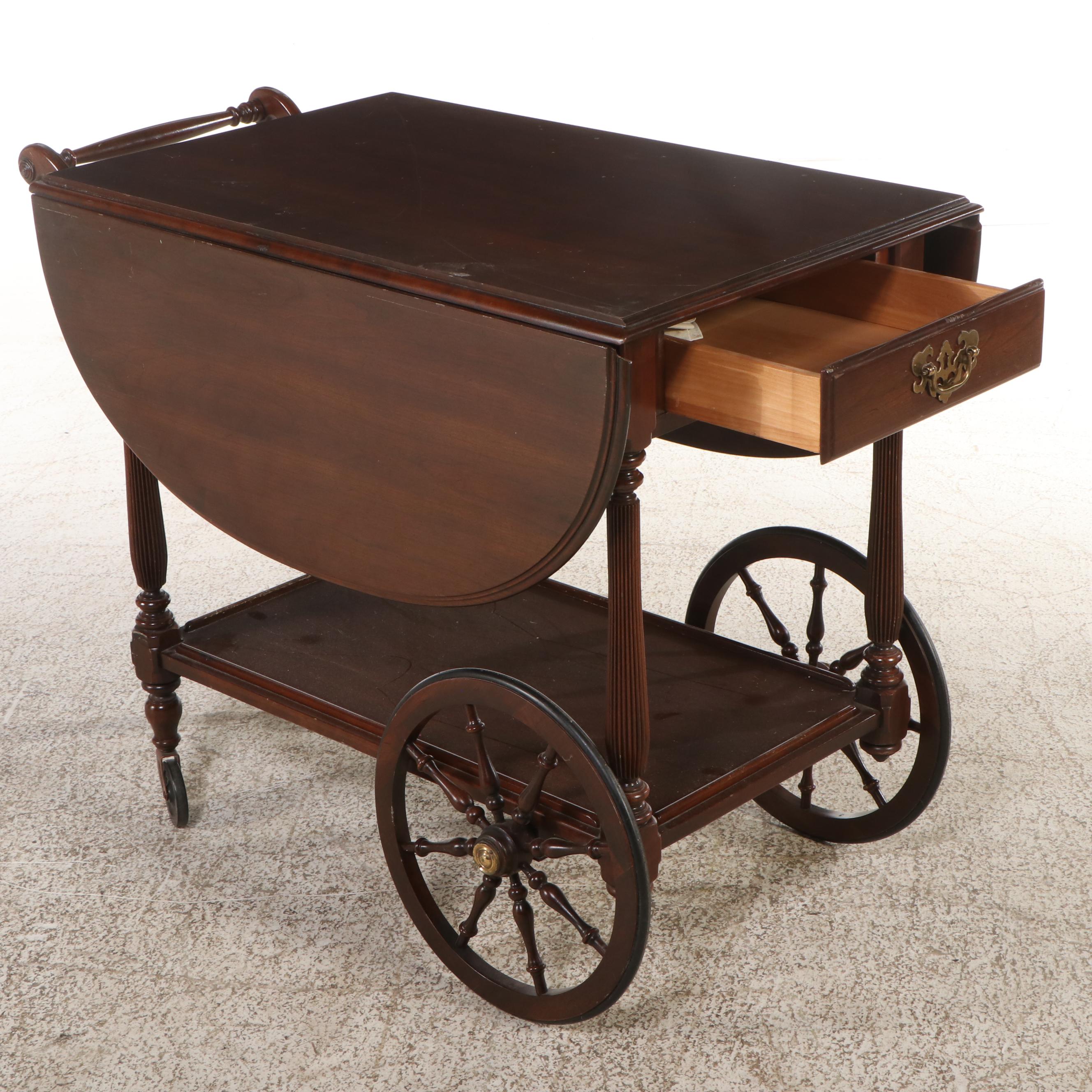 American Colonial Style Walnut Serving Cart with Tray, Mid to Late 20th Century