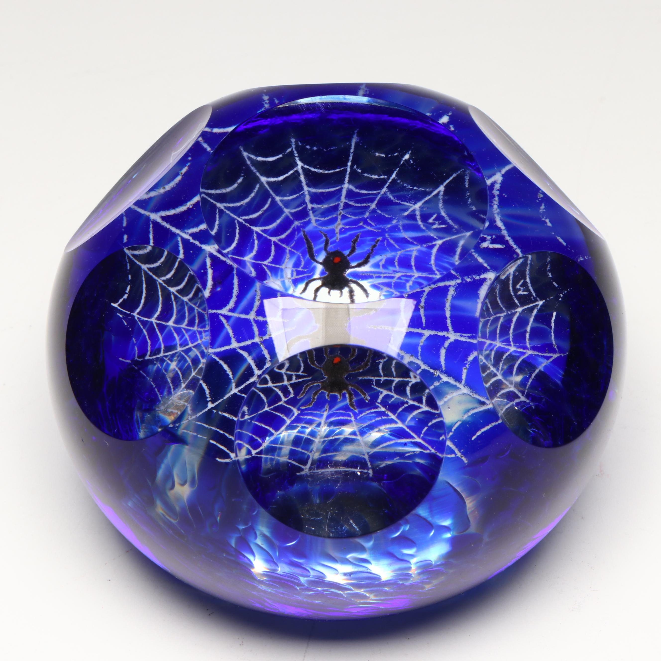 Fred Wilkerson Handcrafted Spider on Web Faceted Studio Art Glass Paperweight