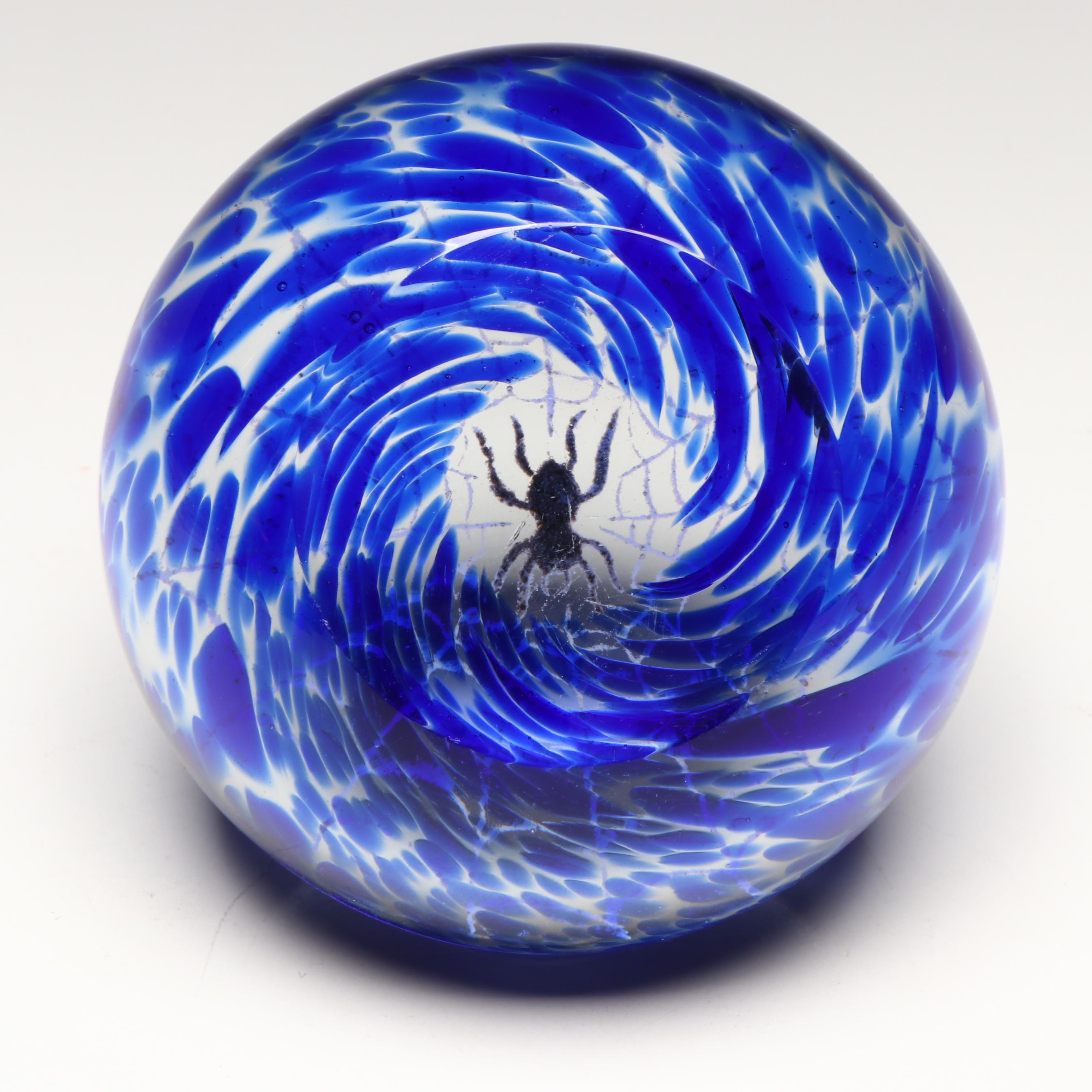 Fred Wilkerson Handcrafted Spider on Web Faceted Studio Art Glass Paperweight