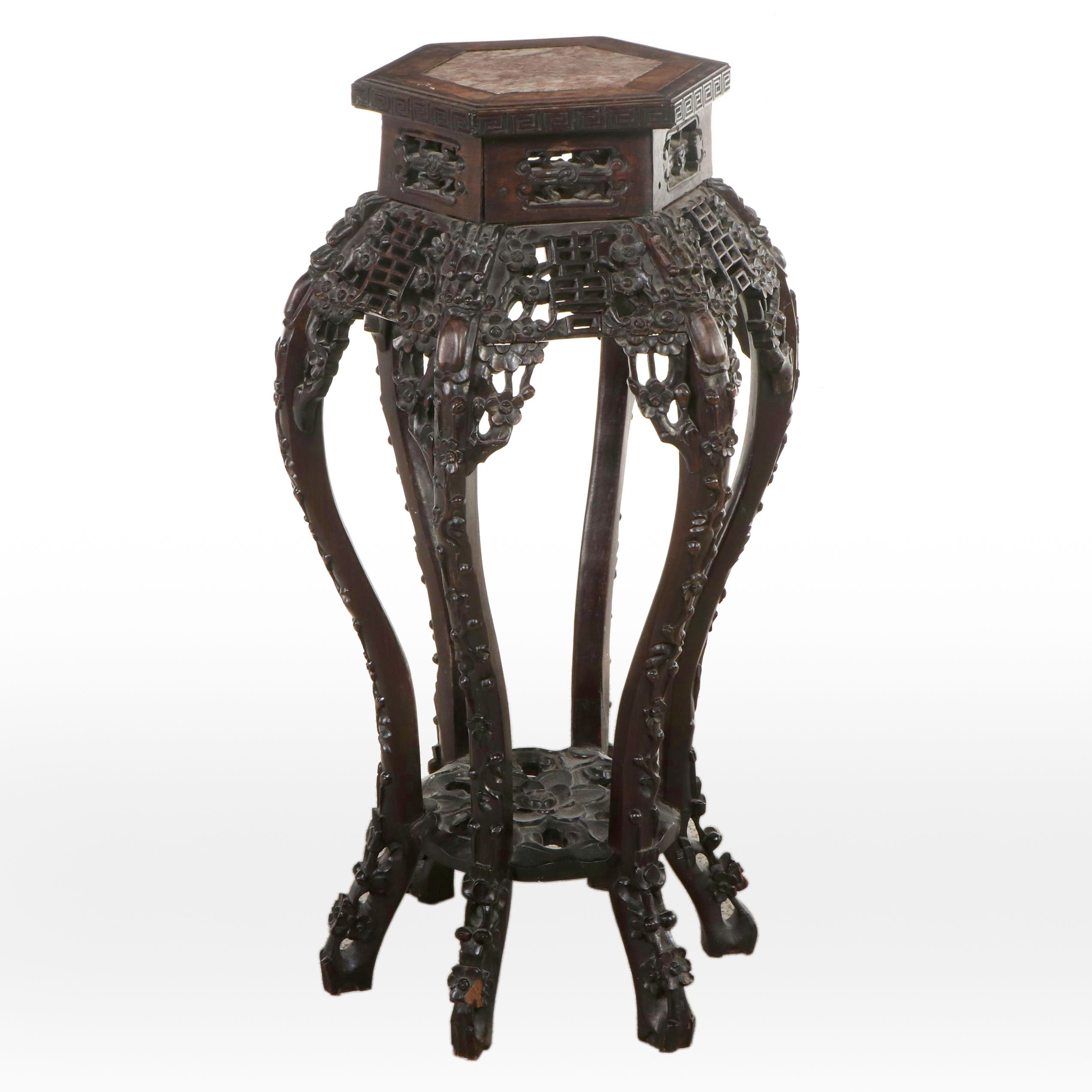 Chinese Marble Top Ornately Carved Wood Plant Stand