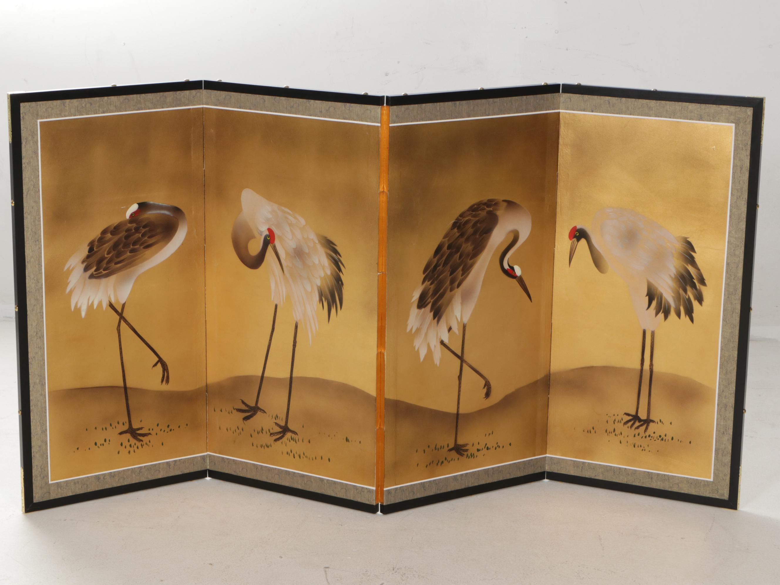 Three Japanese Painted Four-Panel Folding Screens